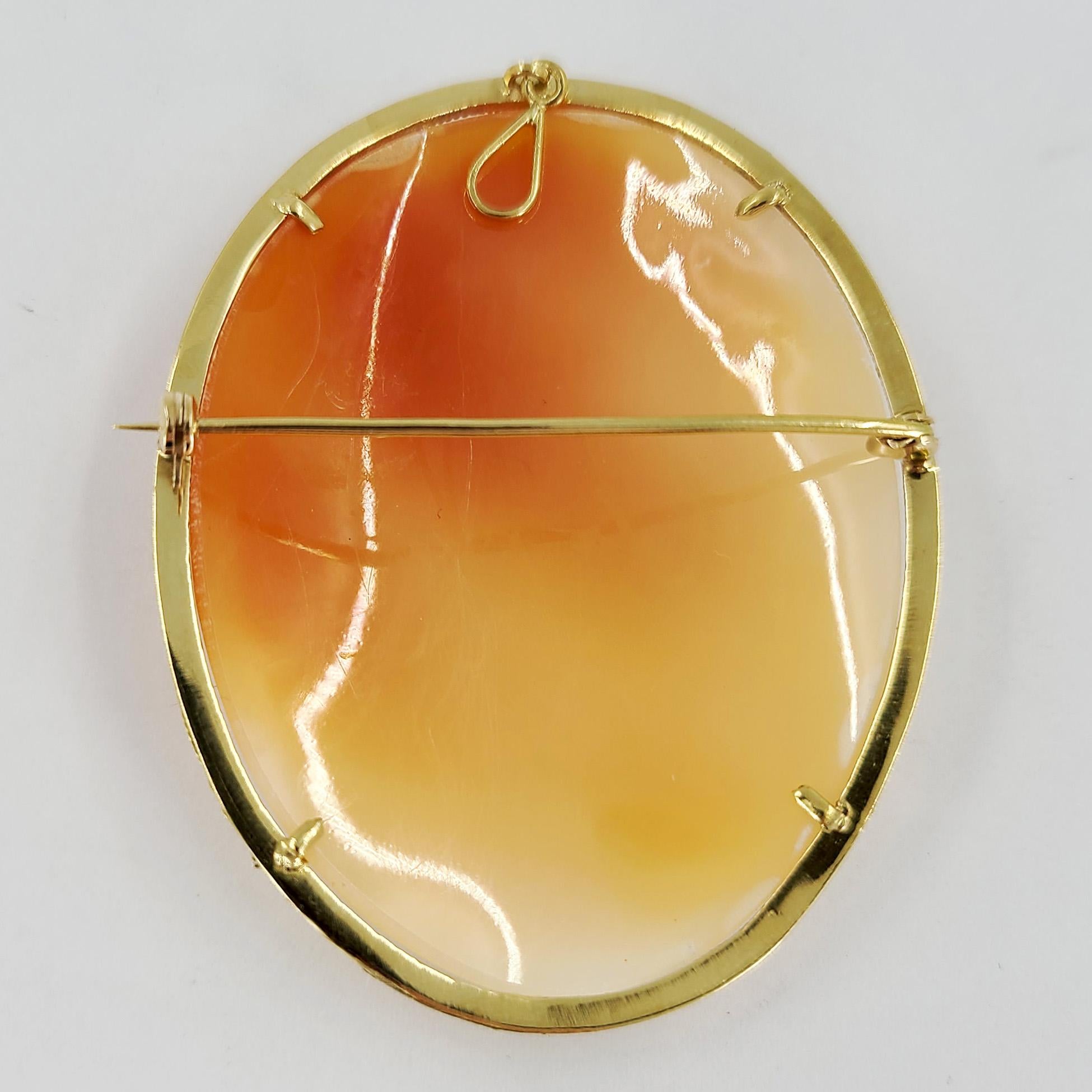 14 Karat Yellow Gold Shell Cameo Pin With Profile Of A Woman. 2.25 Inches Long With Drop Down Pendant Bale. Finished Weight is 16.2 Grams.