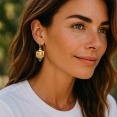 14 Karat Yellow Gold Shepherd Hoop Earrings with Yellow Topaz and Emeralds