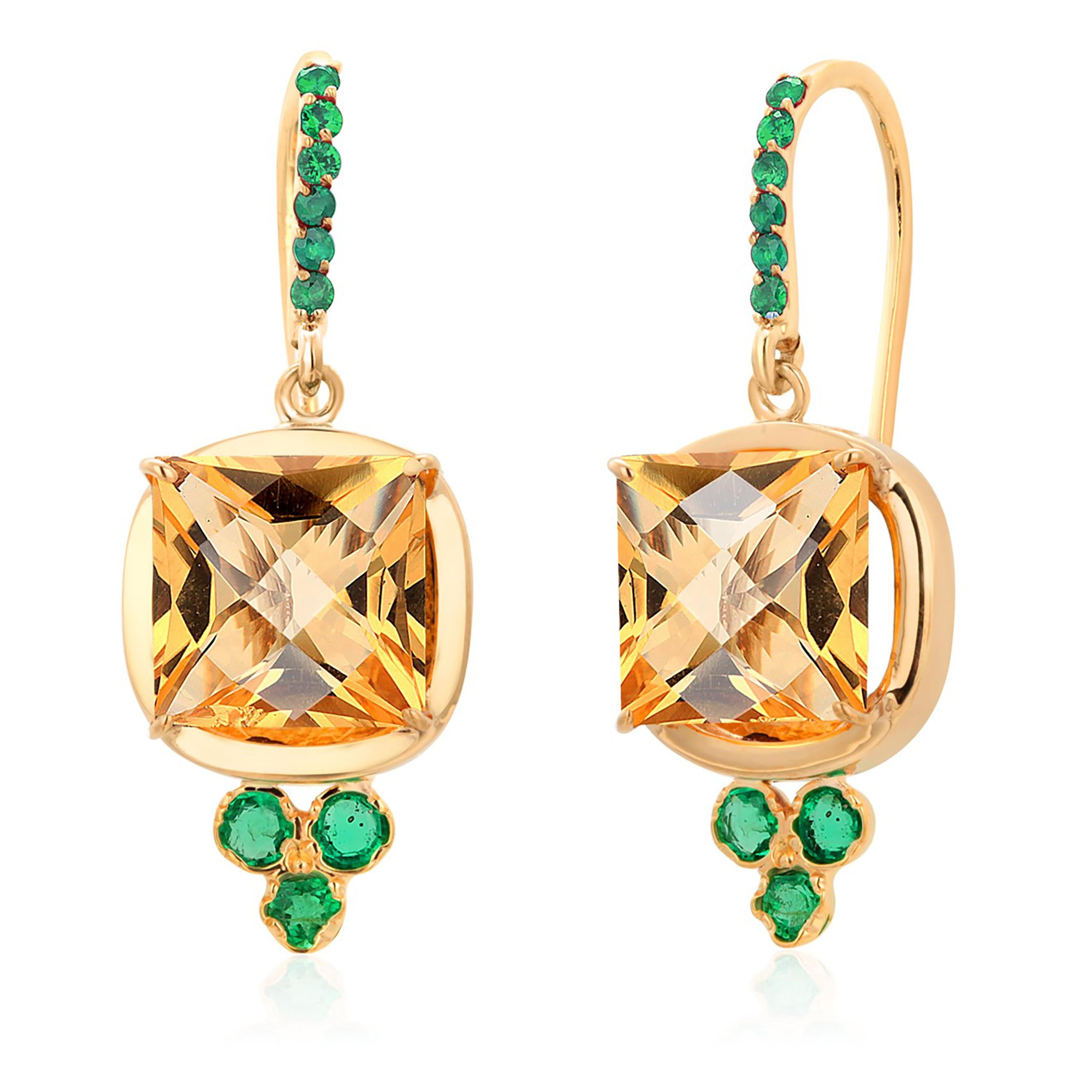Boucles d'oreilles berger en or jaune 14 carats avec topaze jaune et émeraudes en vente 2