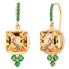 14 Karat Gelbgold Hirten-Ohrringe mit gelbem Topas und Smaragden
