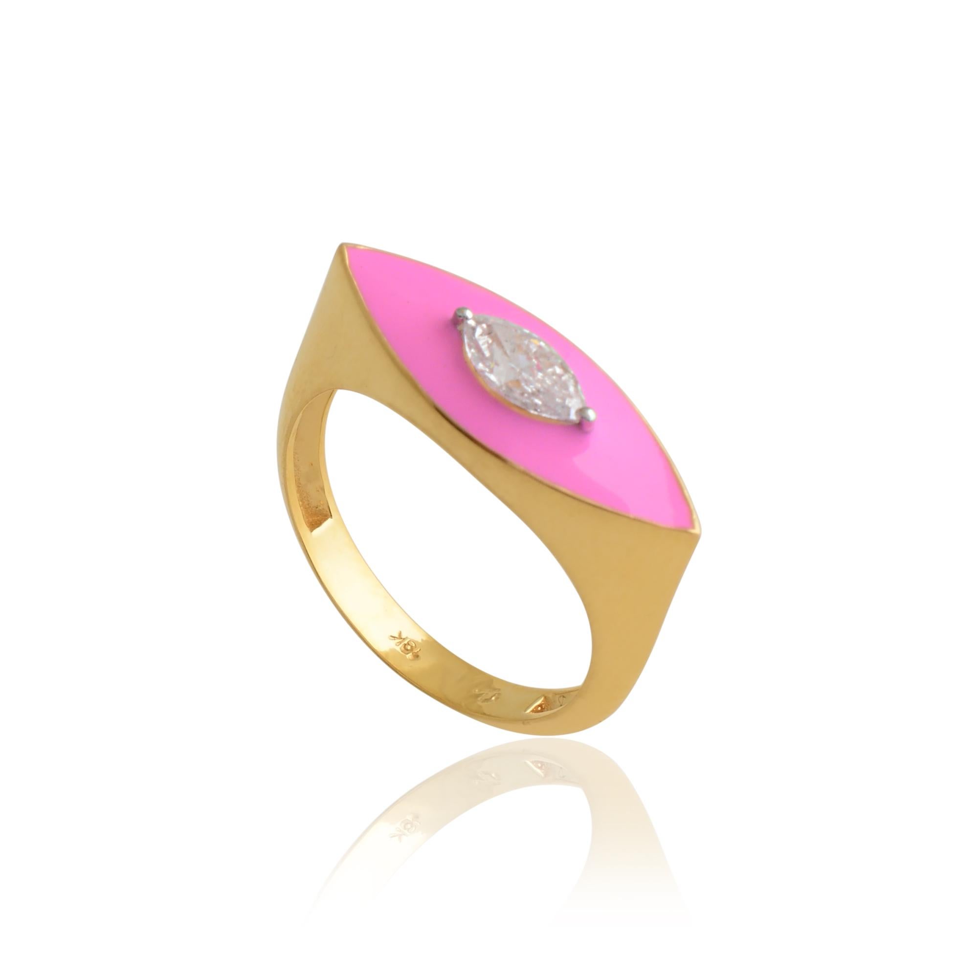 En vente :  Bague en or jaune 14 carats SI/H Solitaire 0.38Carat Diamond Pink Enamel 3