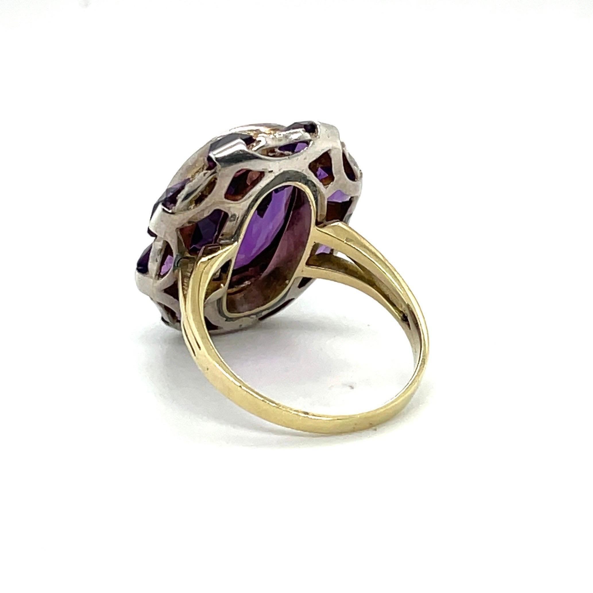 Oval Cut 14 Karat Yellow Gold, Silver, Amethyst and Seed Pearl Cocktail Ring For Sale