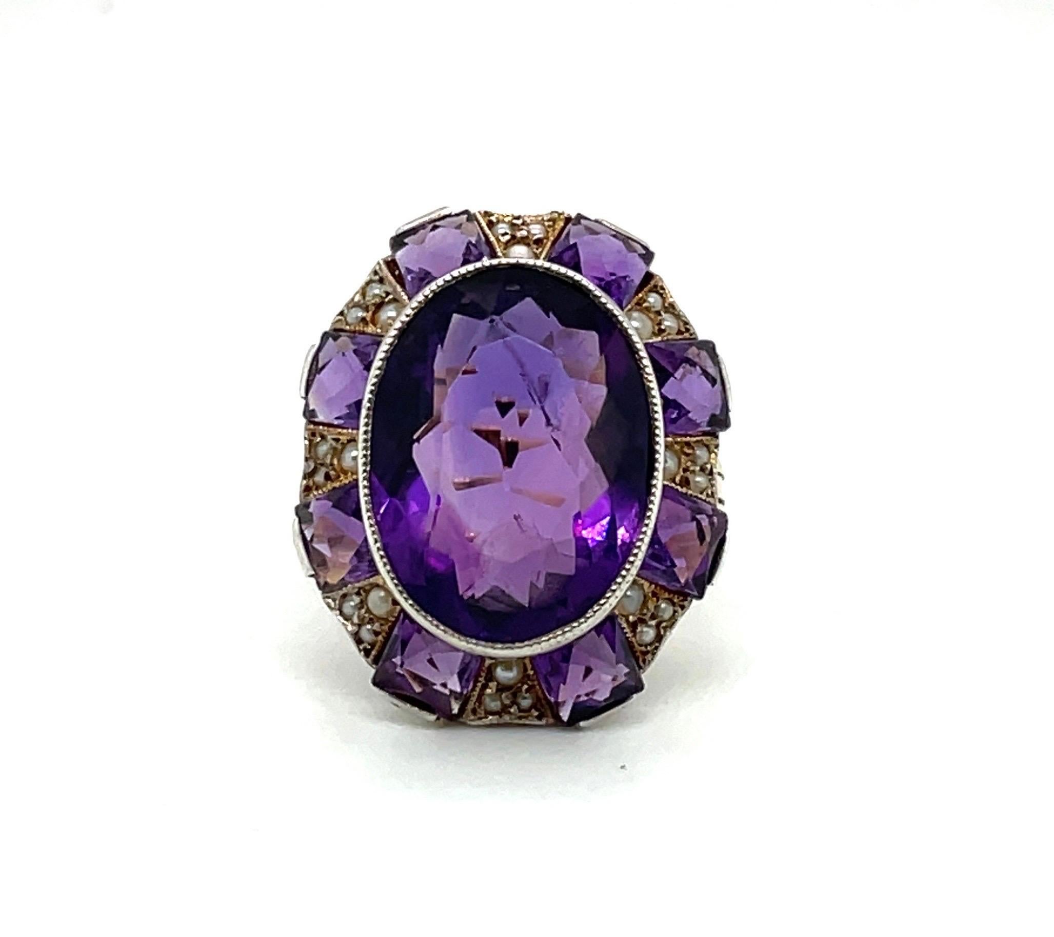 Women's or Men's 14 Karat Yellow Gold, Silver, Amethyst and Seed Pearl Cocktail Ring For Sale
