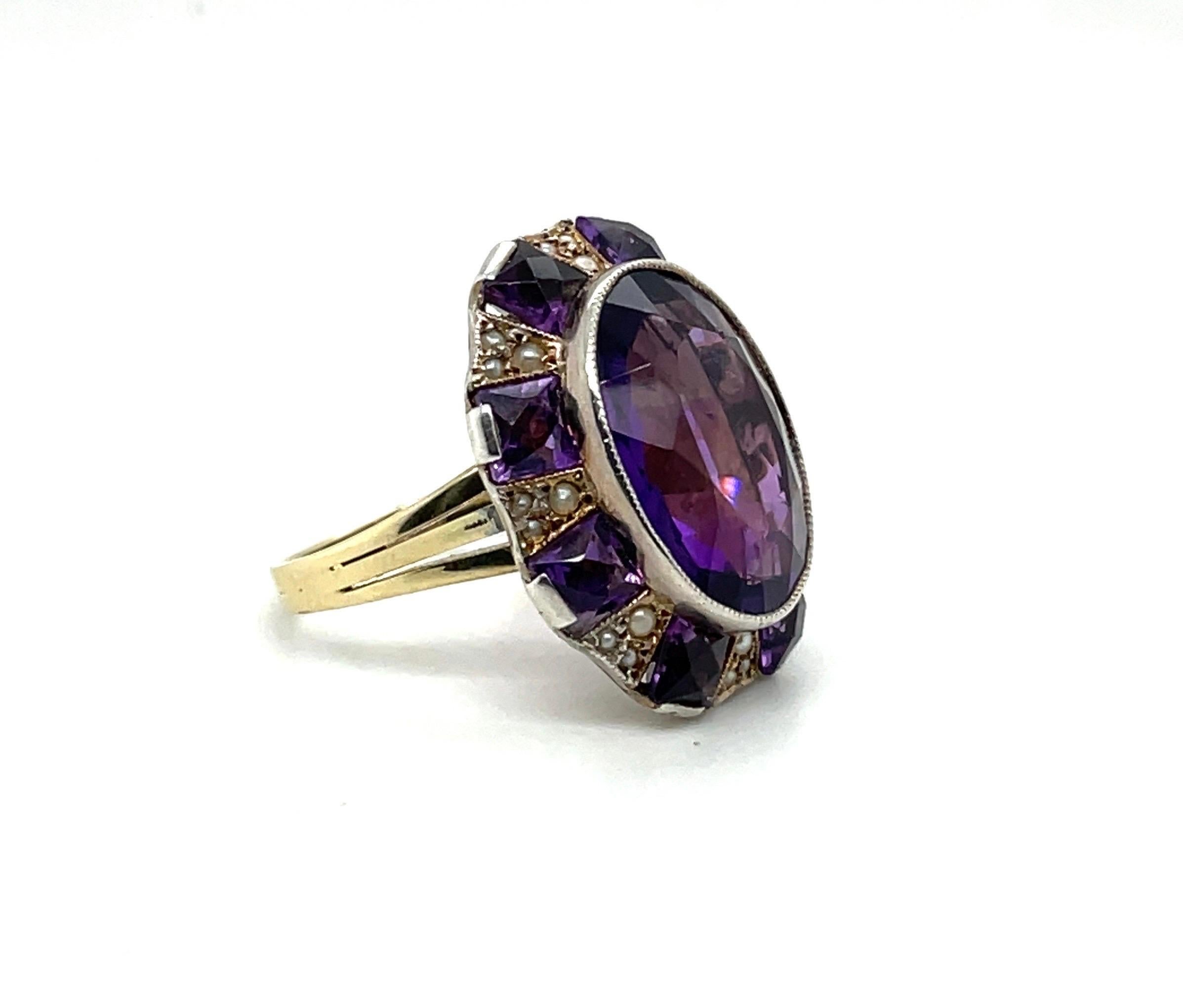 14 Karat Yellow Gold, Silver, Amethyst and Seed Pearl Cocktail Ring For Sale 1