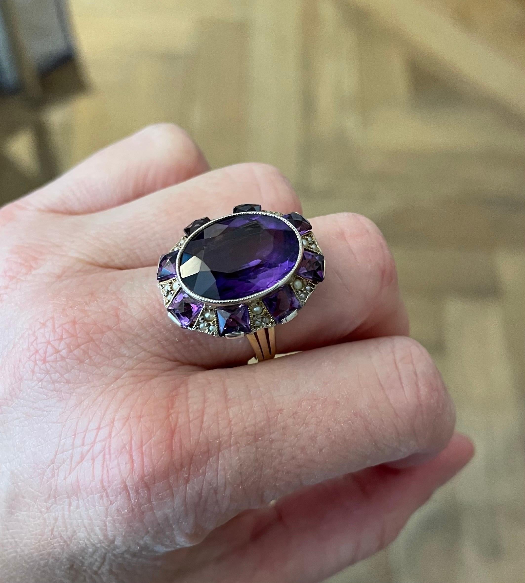 14 Karat Yellow Gold, Silver, Amethyst and Seed Pearl Cocktail Ring For Sale 2