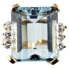 14 Karat Yellow Gold Simulated Blue Topaz and Diamond Ring