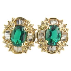 14 Karat Yellow Gold Simulated Emerald and Diamond Earrings