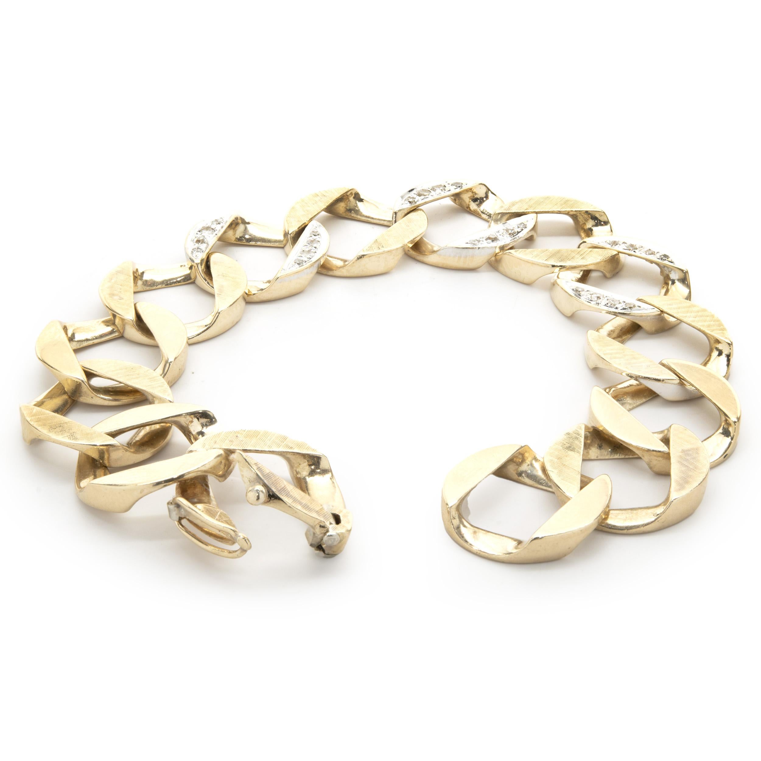 Designer: custom design
Material: 14K yellow gold
Diamonds: 24 round single cut = 0.45cttw
Color: H
Clarity: SI2
Dimensions: bracelet will fit up to a 14-inch wrist
Weight: 41.0 grams