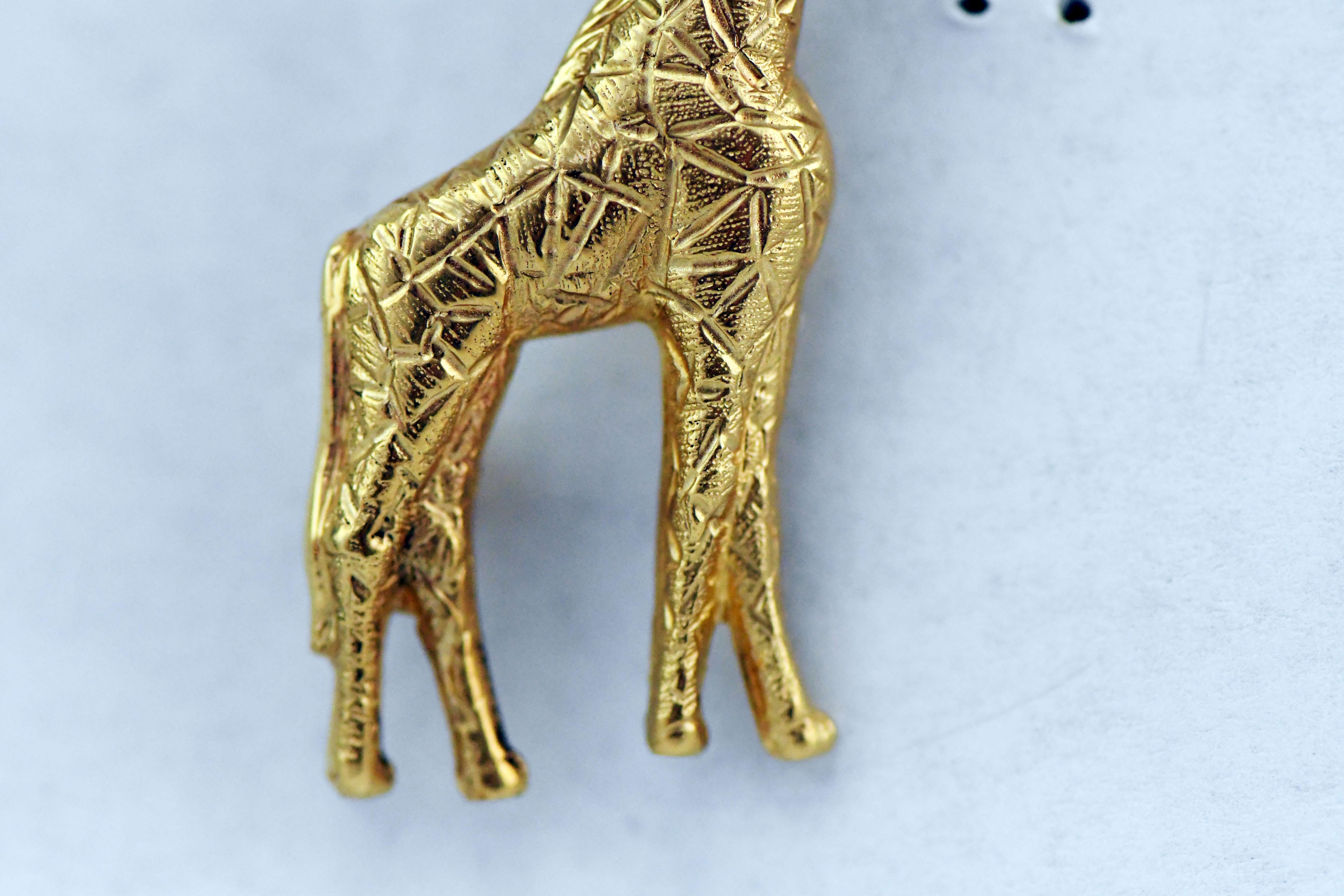 Women's or Men's 14 Karat Yellow Gold Single Cut Ruby Eyed Baby Giraffe Pin Pendant For Sale