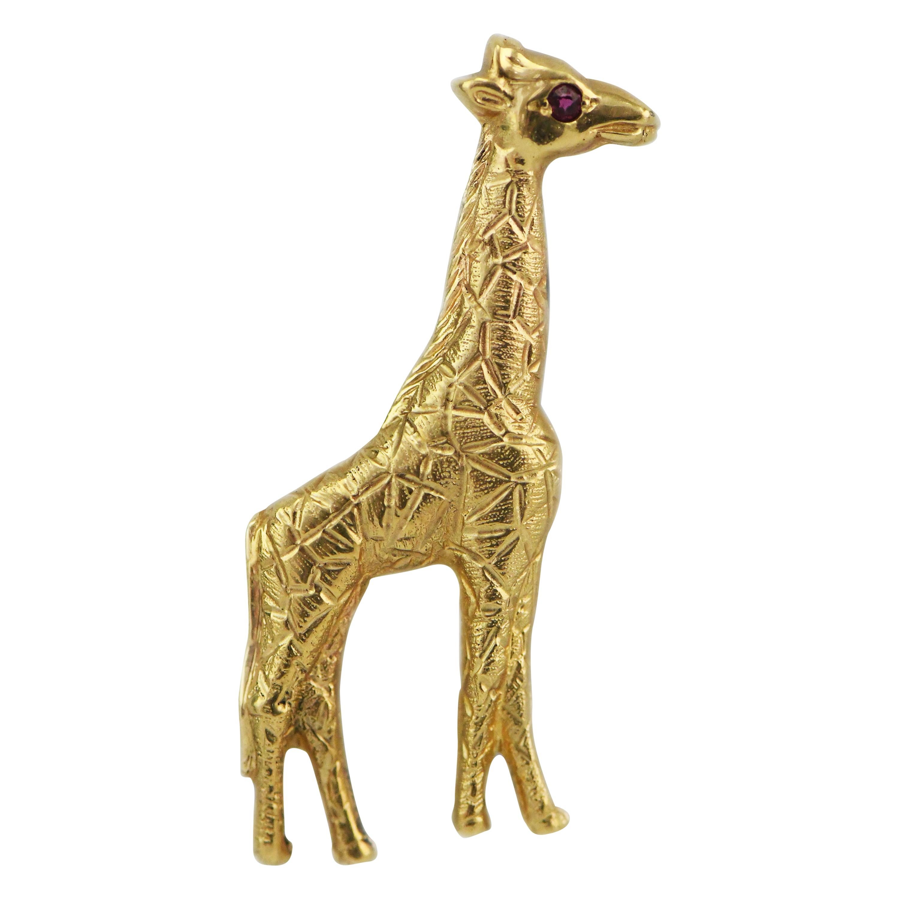 14 Karat Yellow Gold Single Cut Ruby Eyed Baby Giraffe Pin Pendant For Sale