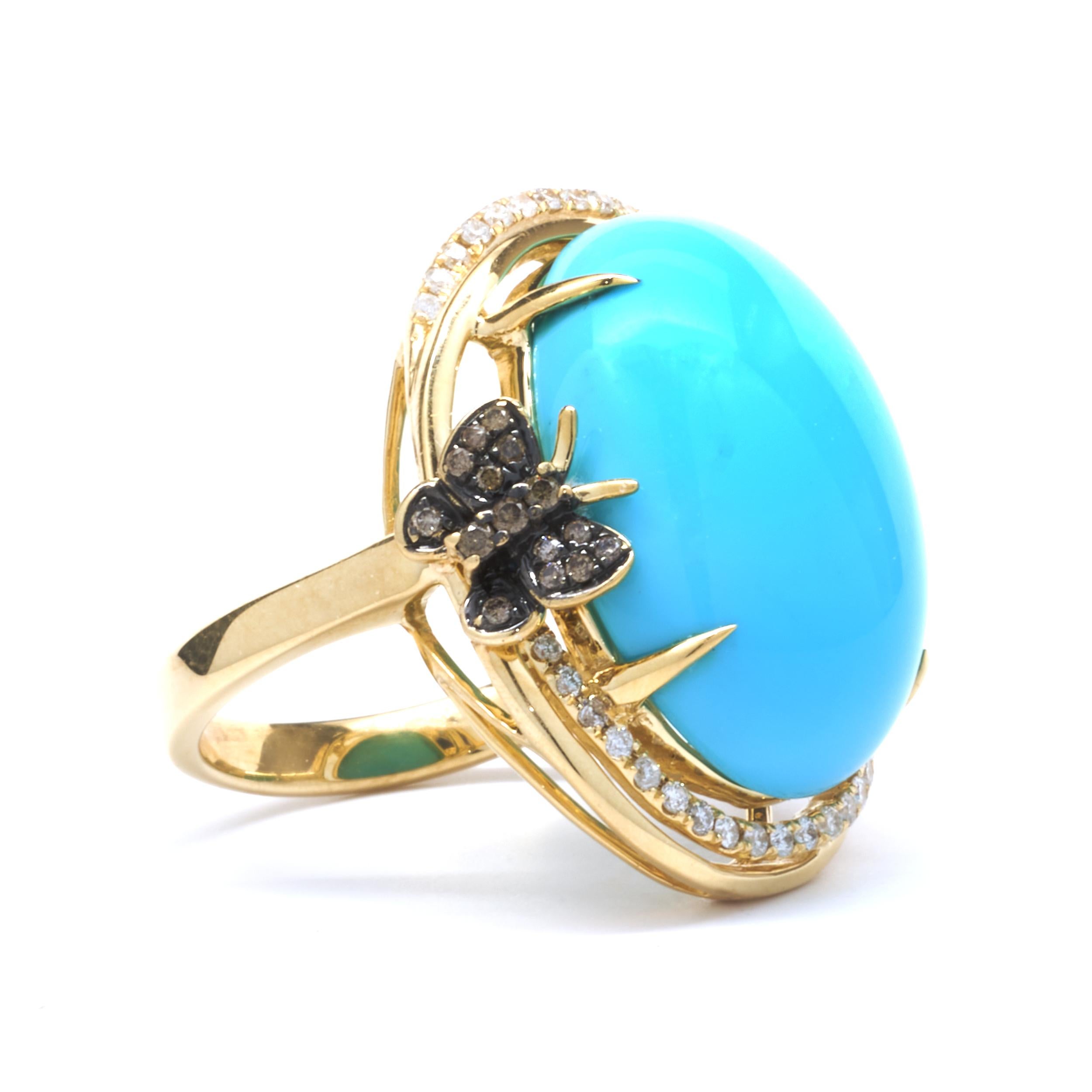 Designer : design personnalisé
Matériau : or jaune 14K
Diamant : 47 taille ronde = .47cttw
Couleur : G
Clarté : VS2
Diamant : 15 taille ronde = .15cttw
Couleur : Chocolat
Clarté : SI
Dimensions : la partie supérieure de l'anneau mesure 27,25 mm de