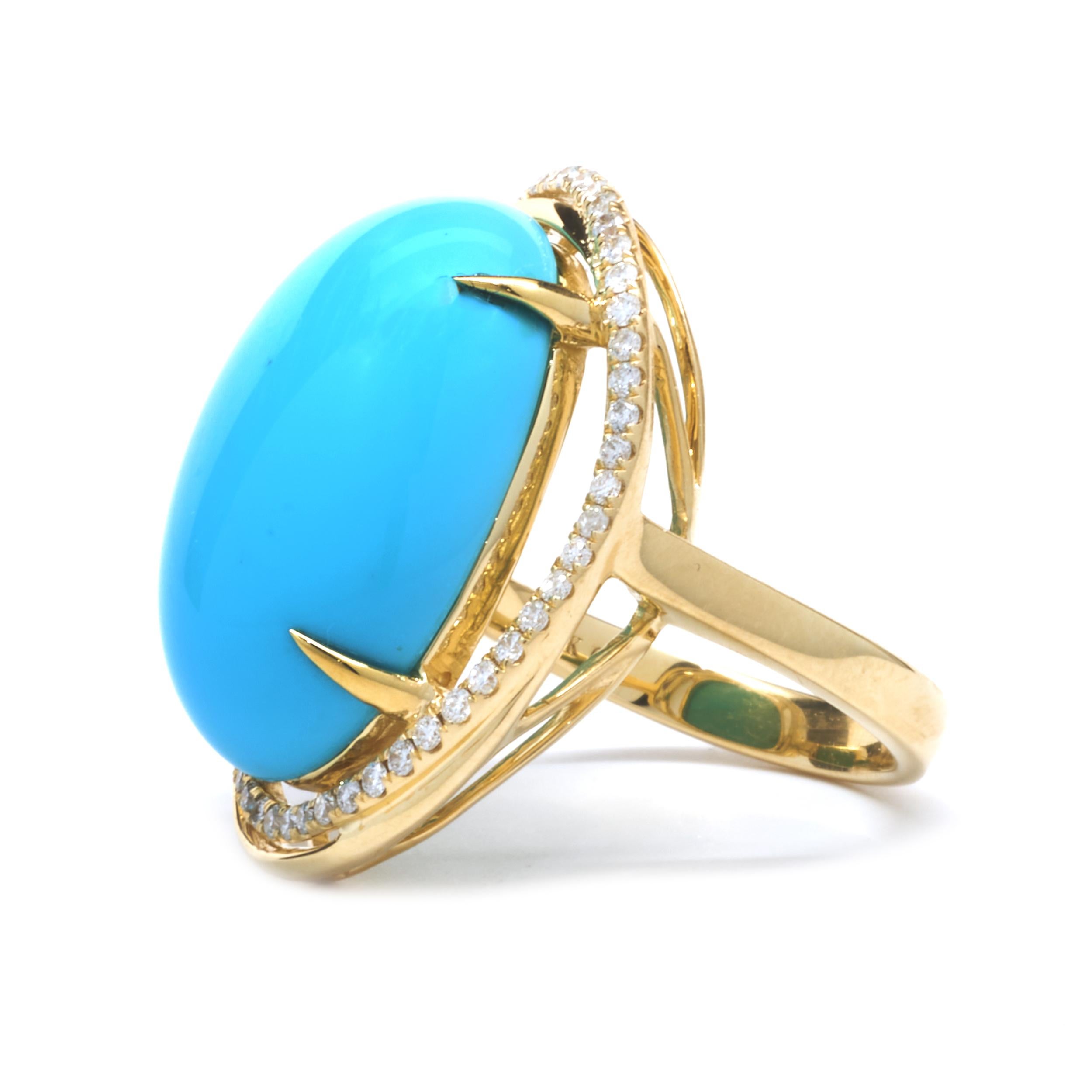 Round Cut 14 Karat Yellow Gold Sleeping Beauty Turquoise and Diamond Ring with Chocolate D For Sale