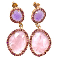 14 Karat Yellow Gold Sliced Rose Quartz, Amethyst with Pink Tourmaline Earrings