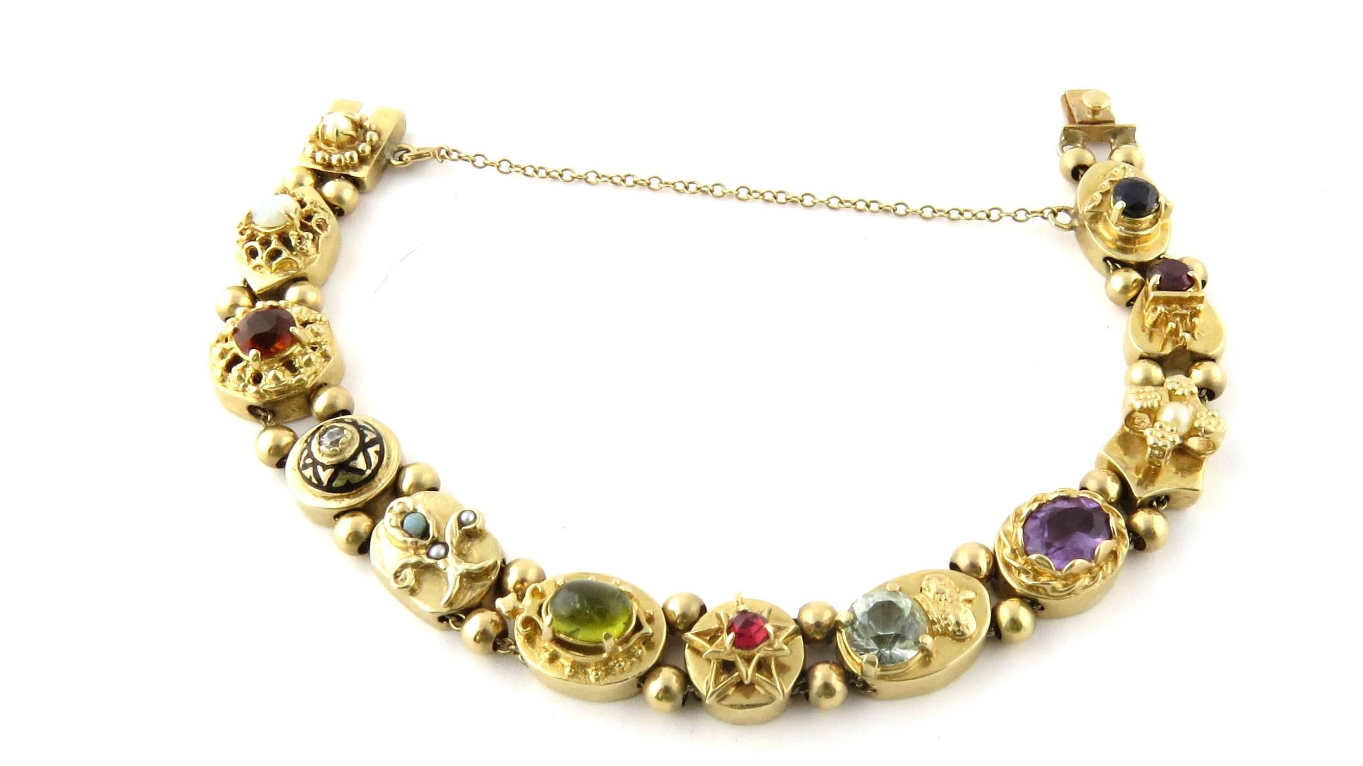 Vintage 14K Yellow Gold Slide Charm Bracelet with Multiple Gemstones and Diamonds Will fit up to a 7