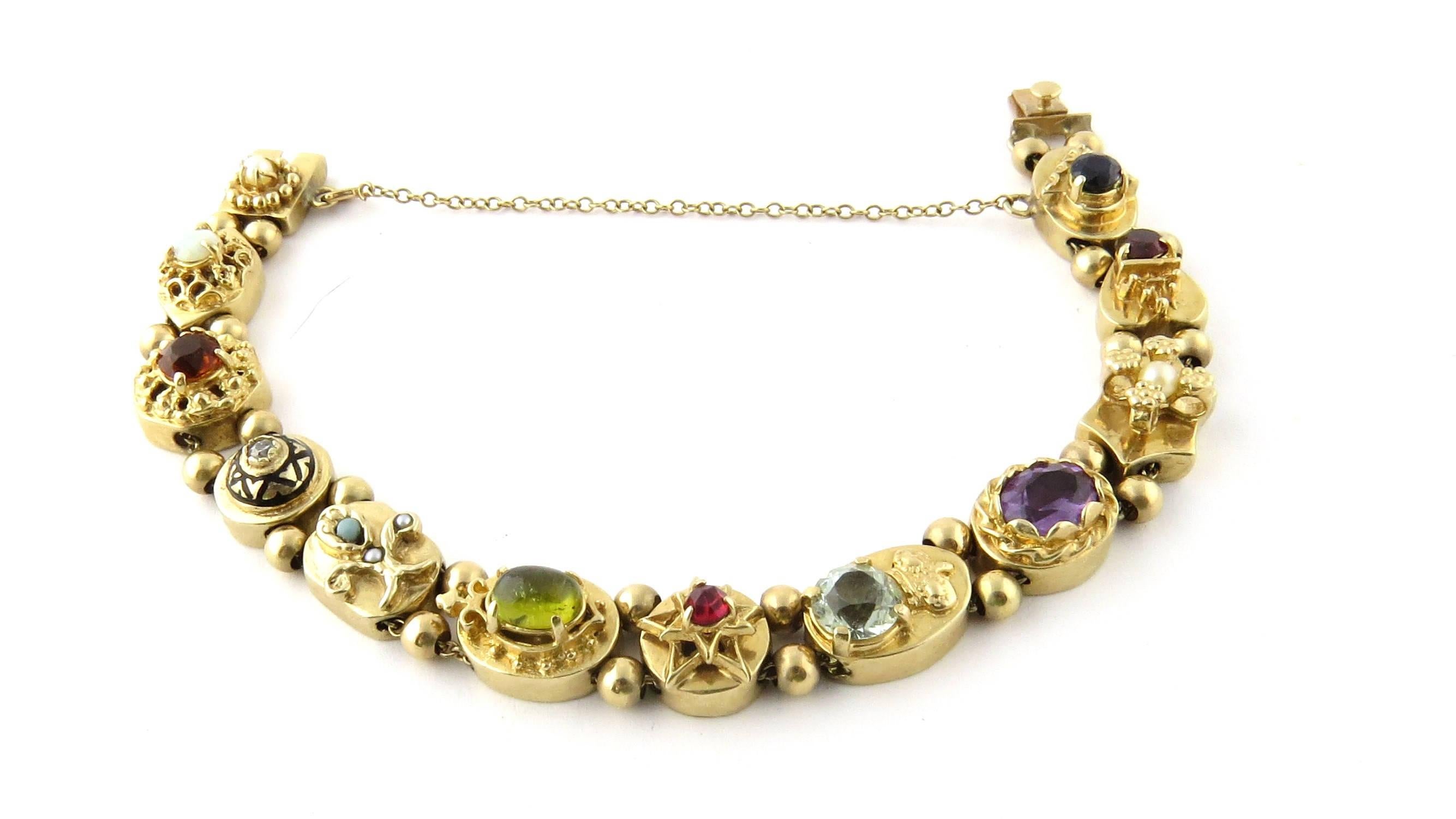 14 Karat Yellow Gold Slide Charm Bracelet with Multiple Gemstones and Diamonds In Excellent Condition In Washington Depot, CT