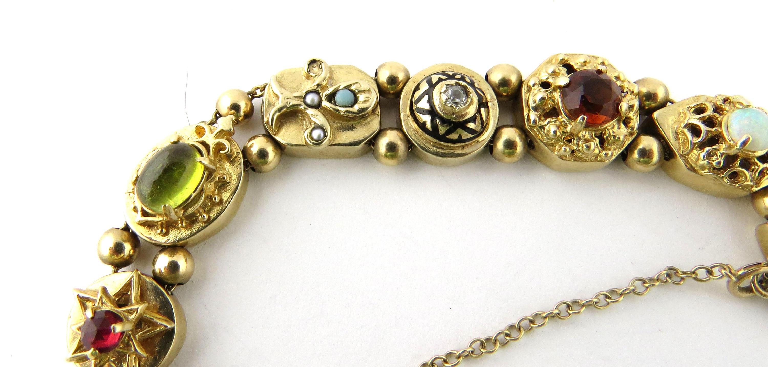 Women's 14 Karat Yellow Gold Slide Charm Bracelet with Multiple Gemstones and Diamonds
