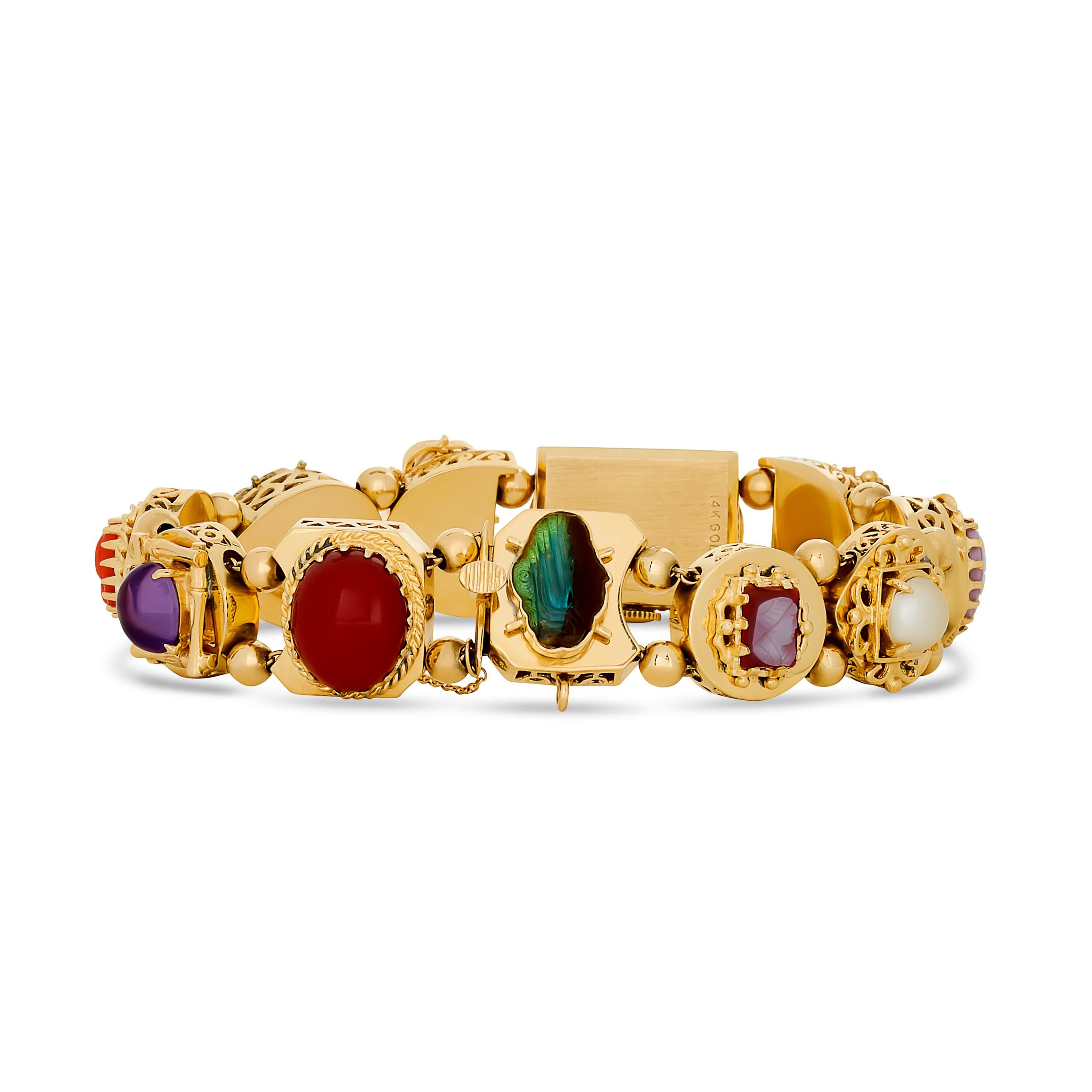 Bracelet en or jaune 14 carats avec breloque Slide et filigrane multi pierres et montre Hidden Excellent état - En vente à Philadelphia, PA