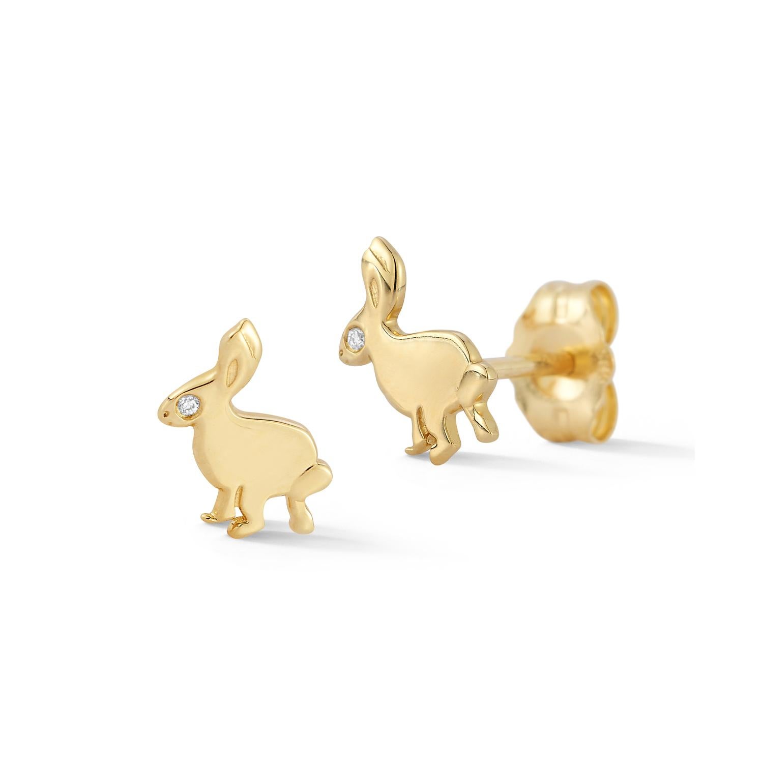 Round Cut 14 karat yellow gold small Bunny stud earrings with diamond eyes For Sale