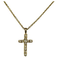 14 Karat Yellow Gold Small Diamond Cross Pendant Necklace #19233