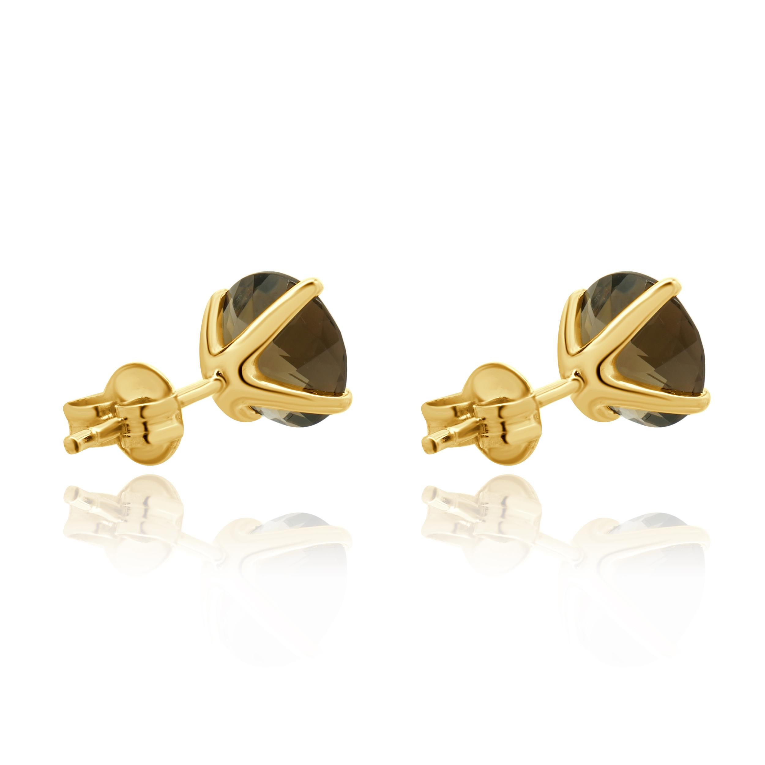 Taille ronde Boucles d'oreilles en or jaune 14 carats et quartz fumé en vente