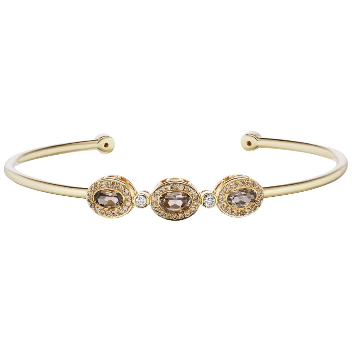 14 Karat Yellow Gold Smokey Topaz and Diamond Triplet Cuff For Sale