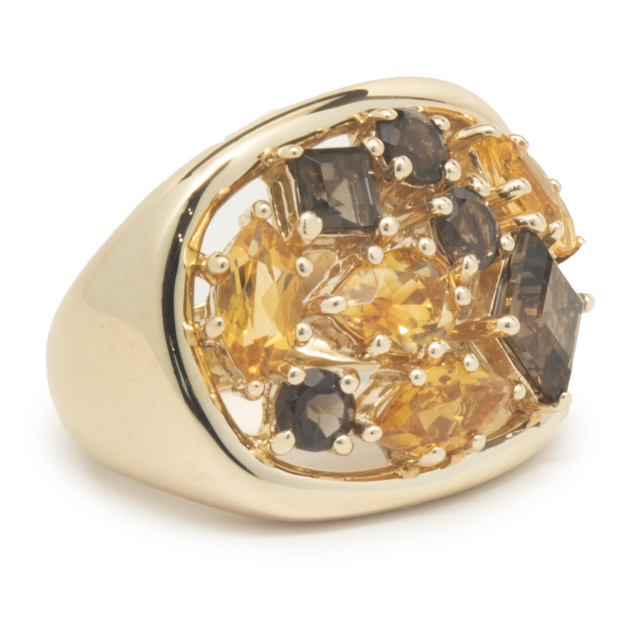 Designer: custom
Material: 14K yellow gold
Dimensions: ring top measures 19.75mm wide
Ring Size: 7 (complimentary sizing available)
Weight: 12.38 grams