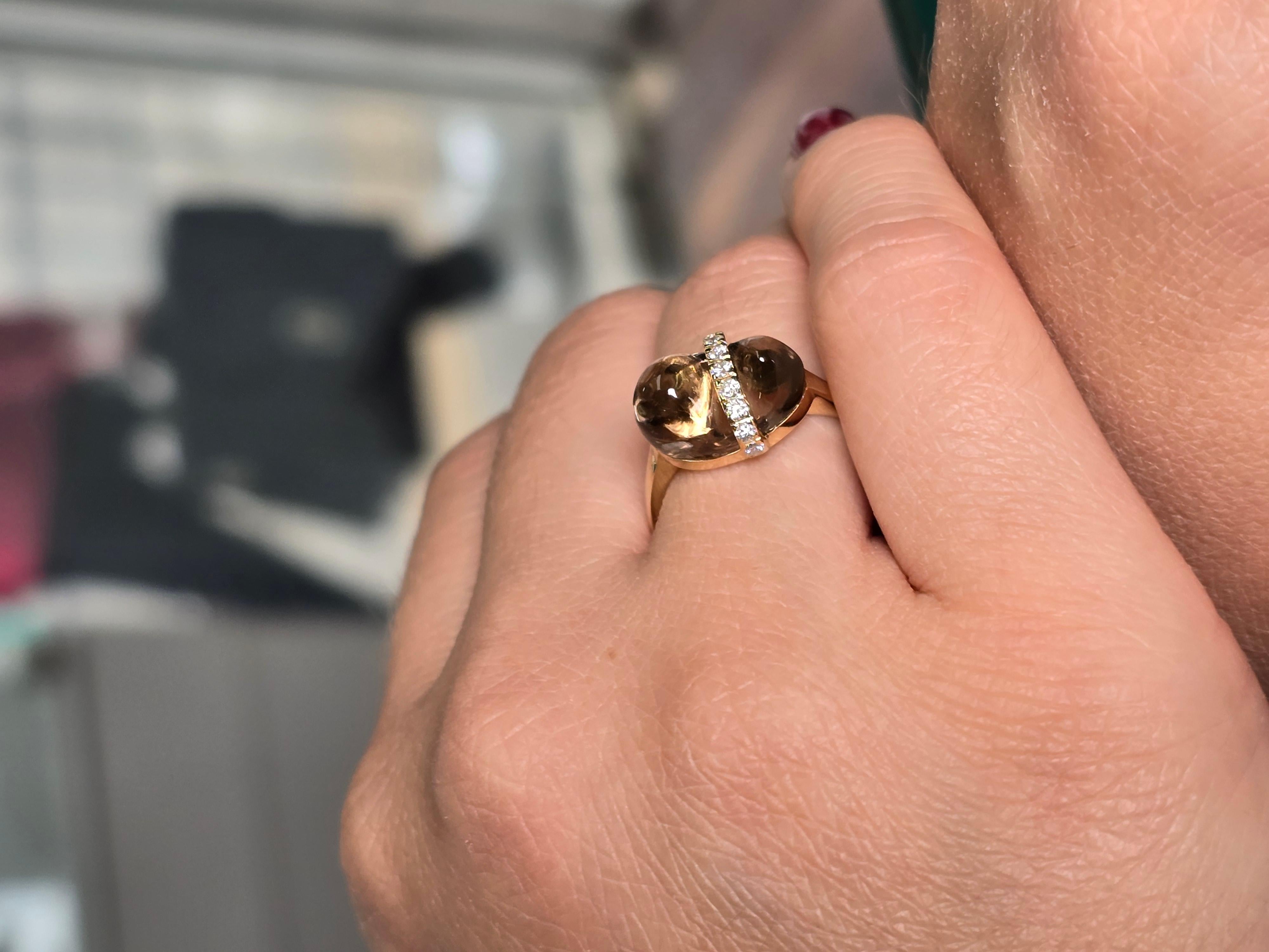 Bague en or jaune 14 carats avec quartz fumé et diamants en vente 2