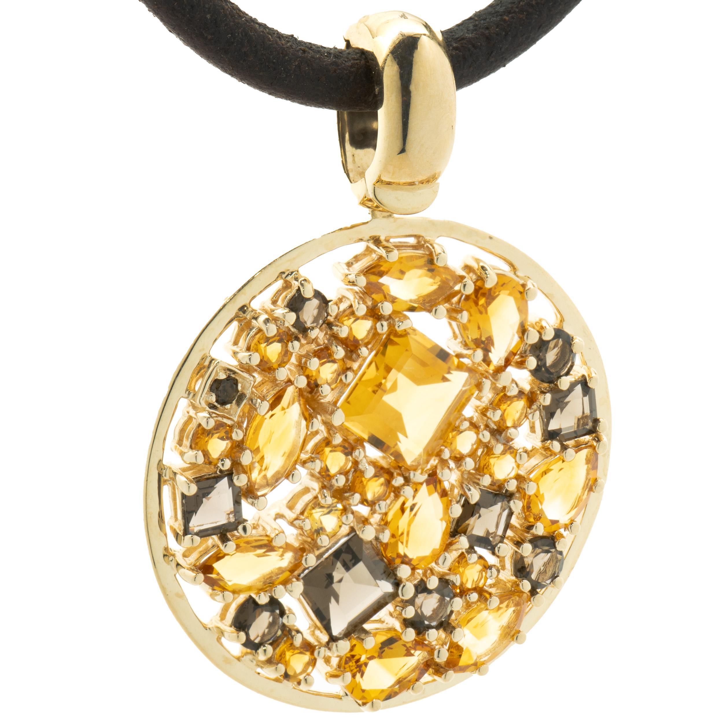 Mixed Cut 14 Karat Yellow Gold Smoky Topaz and Citrine Cutout Disc Necklace For Sale