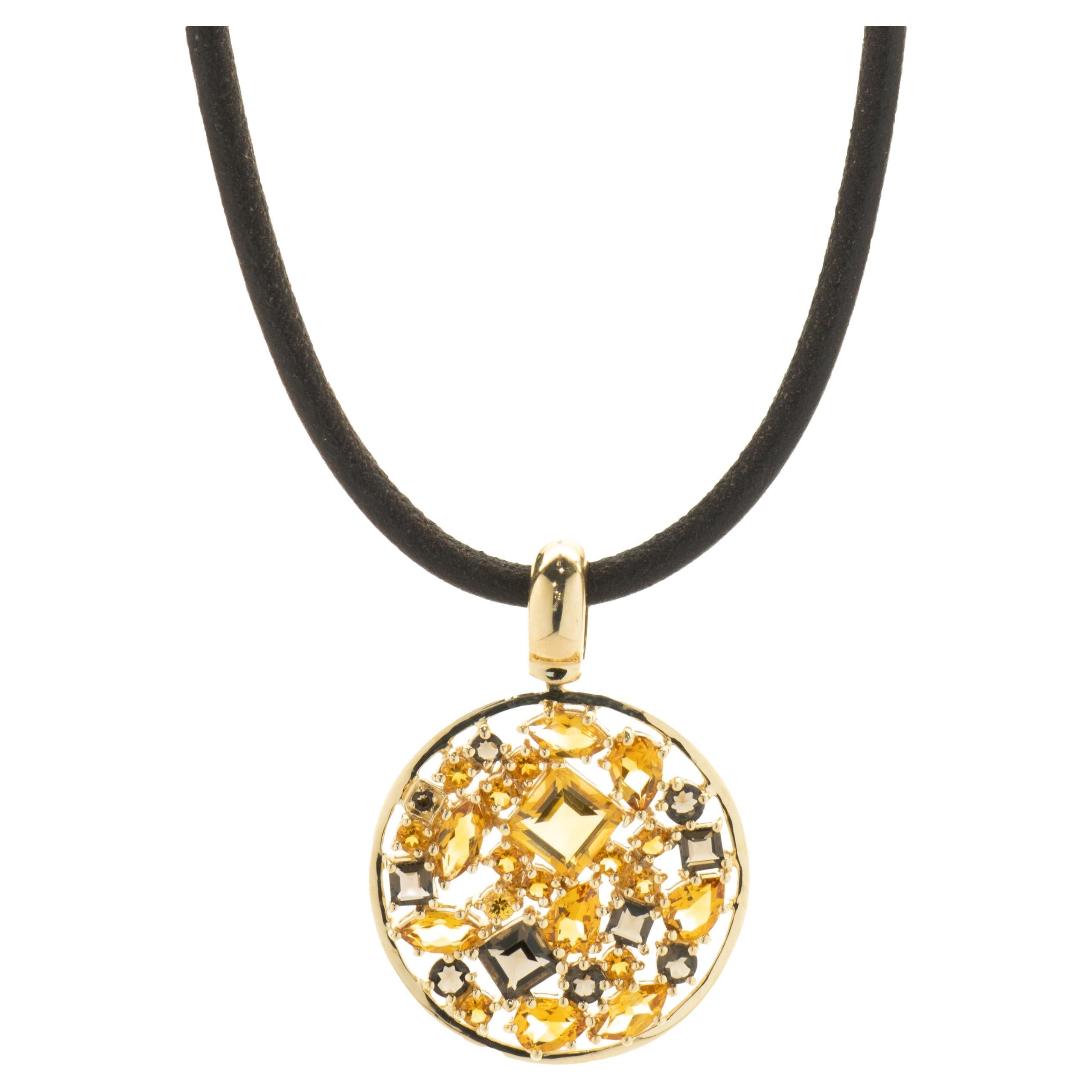 14 Karat Yellow Gold Smoky Topaz and Citrine Cutout Disc Necklace