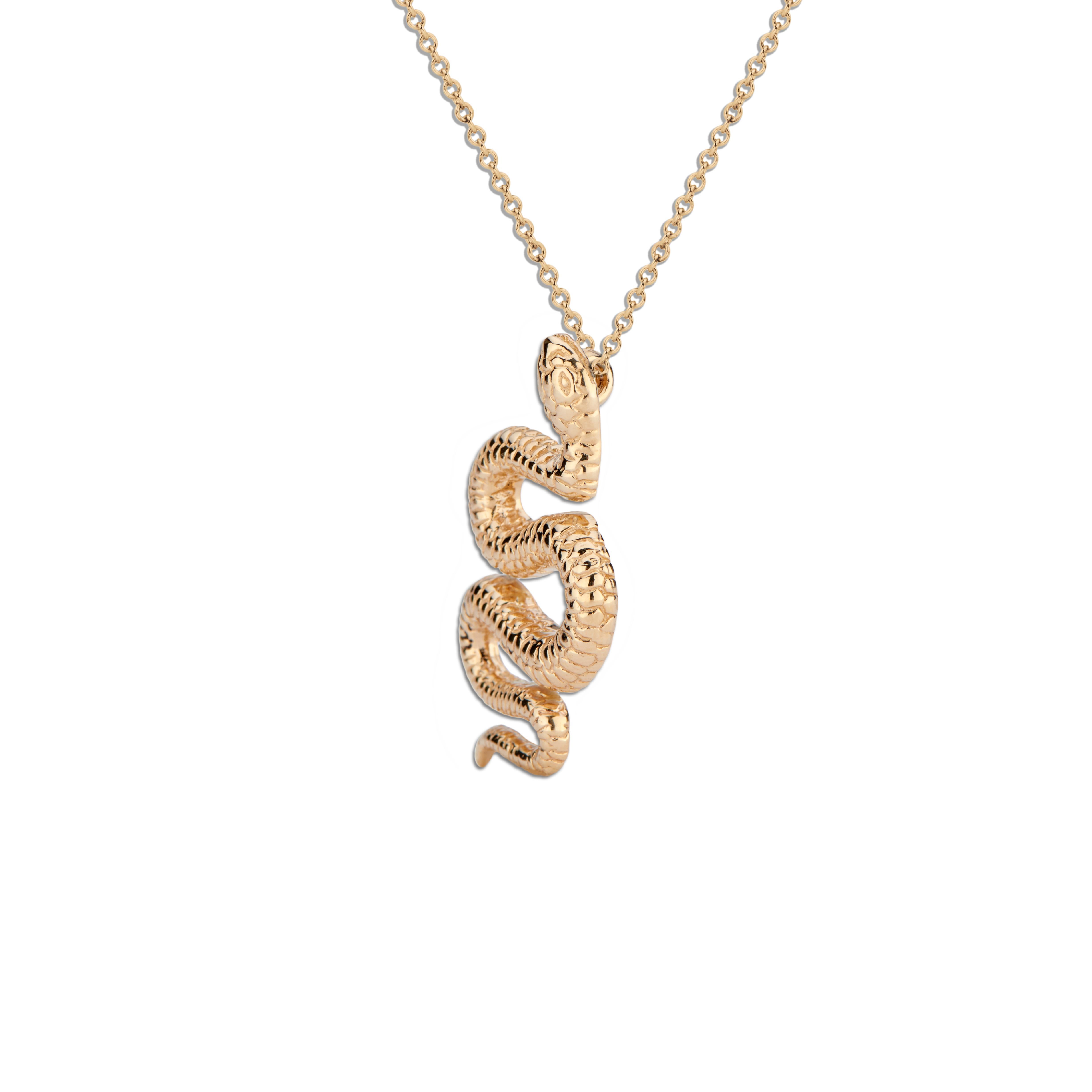 This 14k gold Snake Pendant is a substantial piece that was designed to pay reverence to the beauty and wonder of snakes.  It represents transformation and renewal.  Just as a snake sheds its skin, we must continually shed ours in order not only to