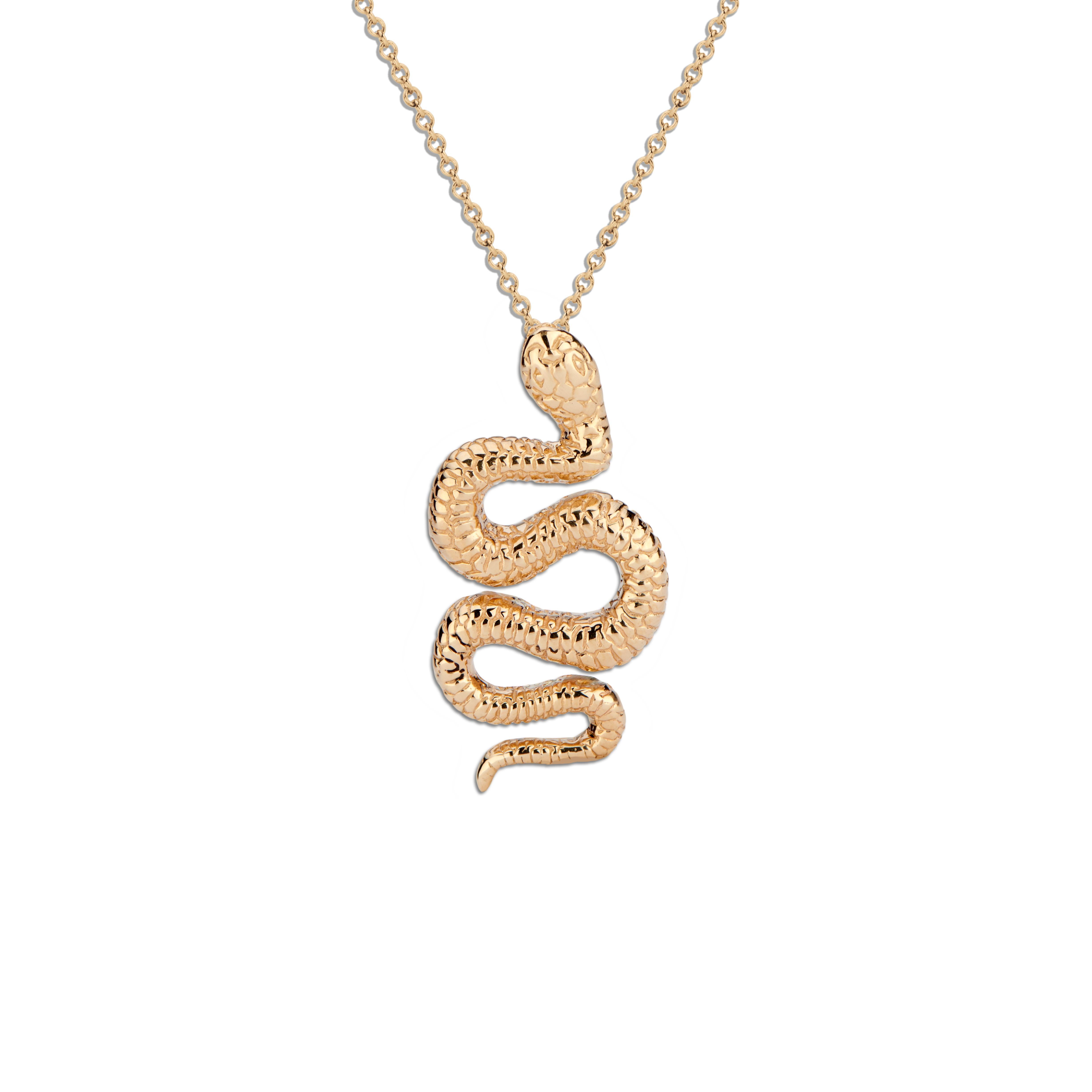14 Karat Yellow Gold Snake Pendant on Rolo Chain For Sale