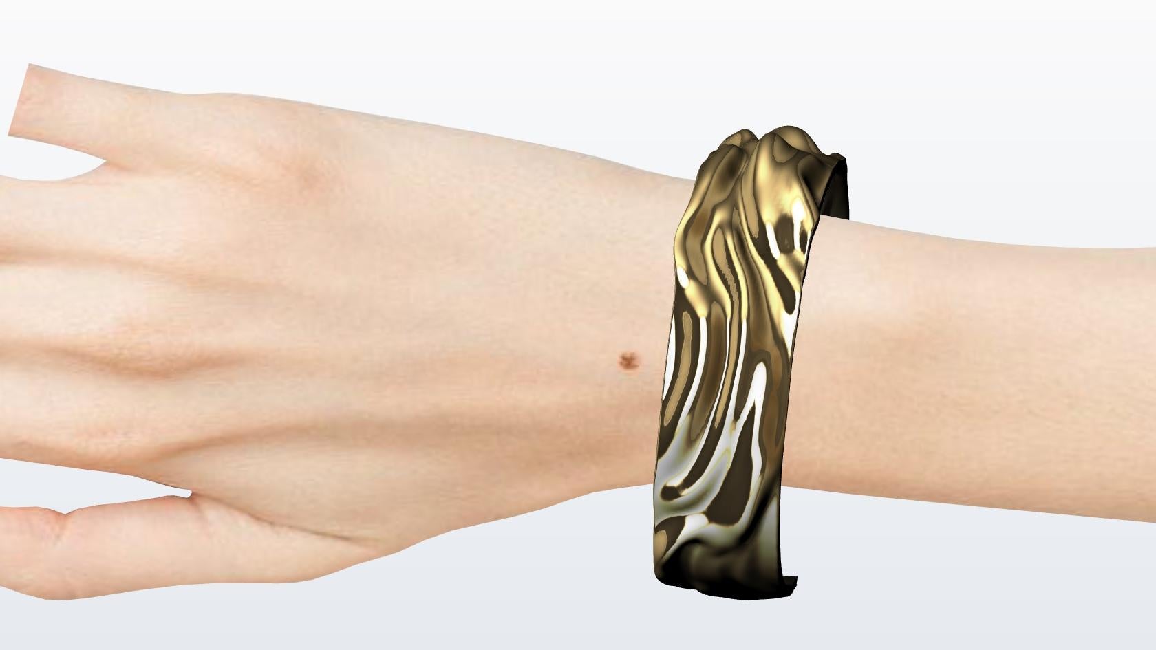 Bracelet manchette en or jaune 14 carats avec vagues douces pour femmes 3