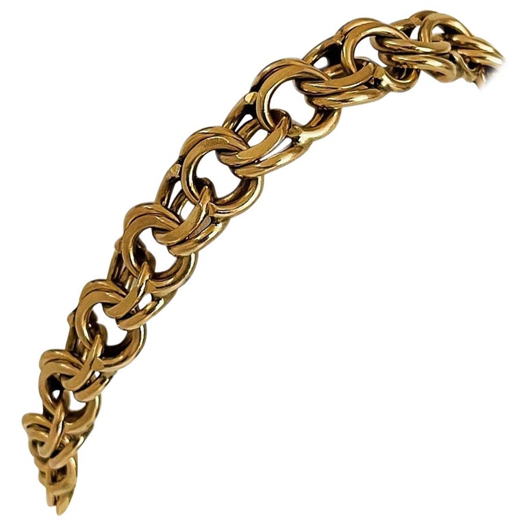 14 Karat Yellow Gold Solid Double Circle Link Charm Bracelet For Sale