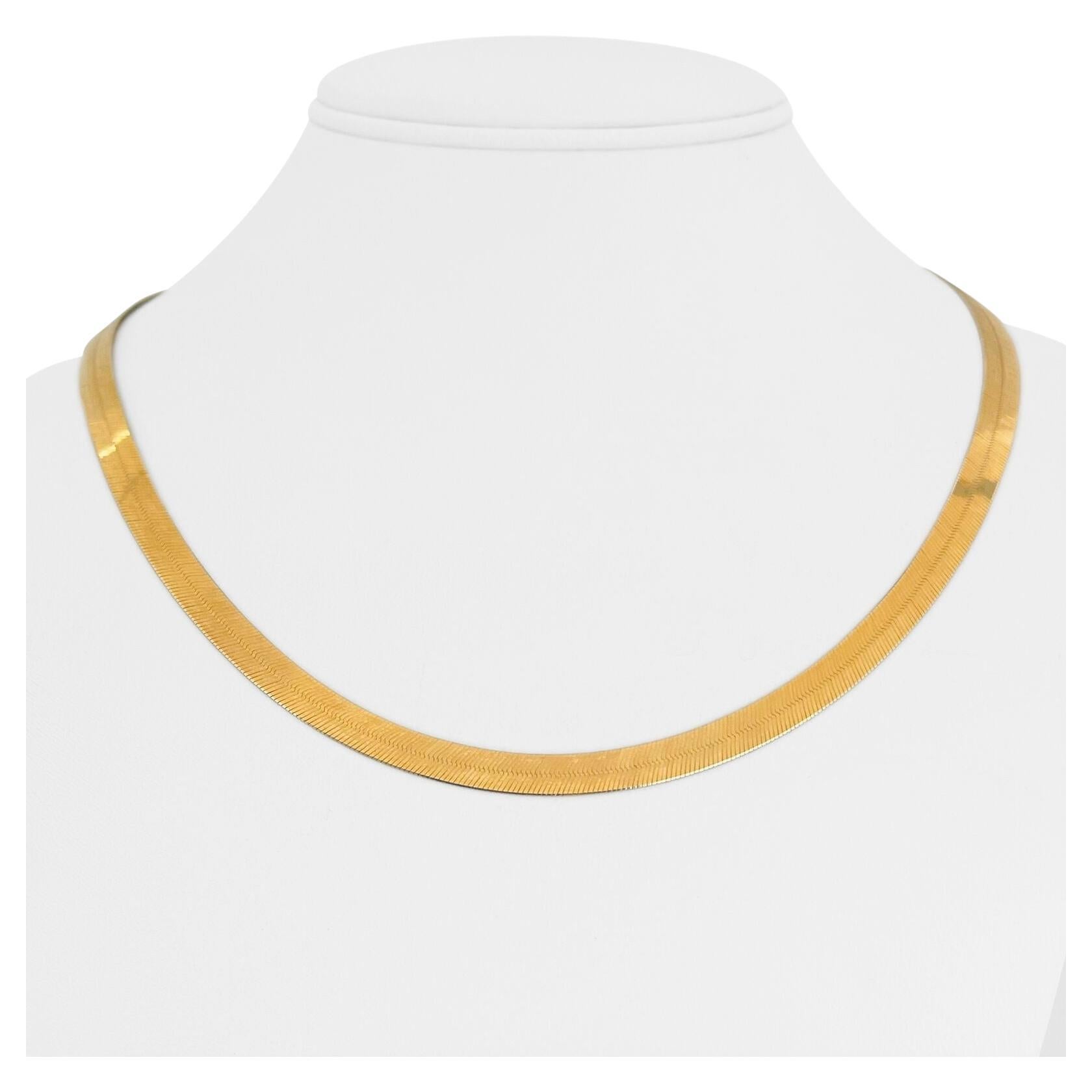14 Karat Yellow Gold Solid Flat Herringbone Link Chain Necklace Italy 