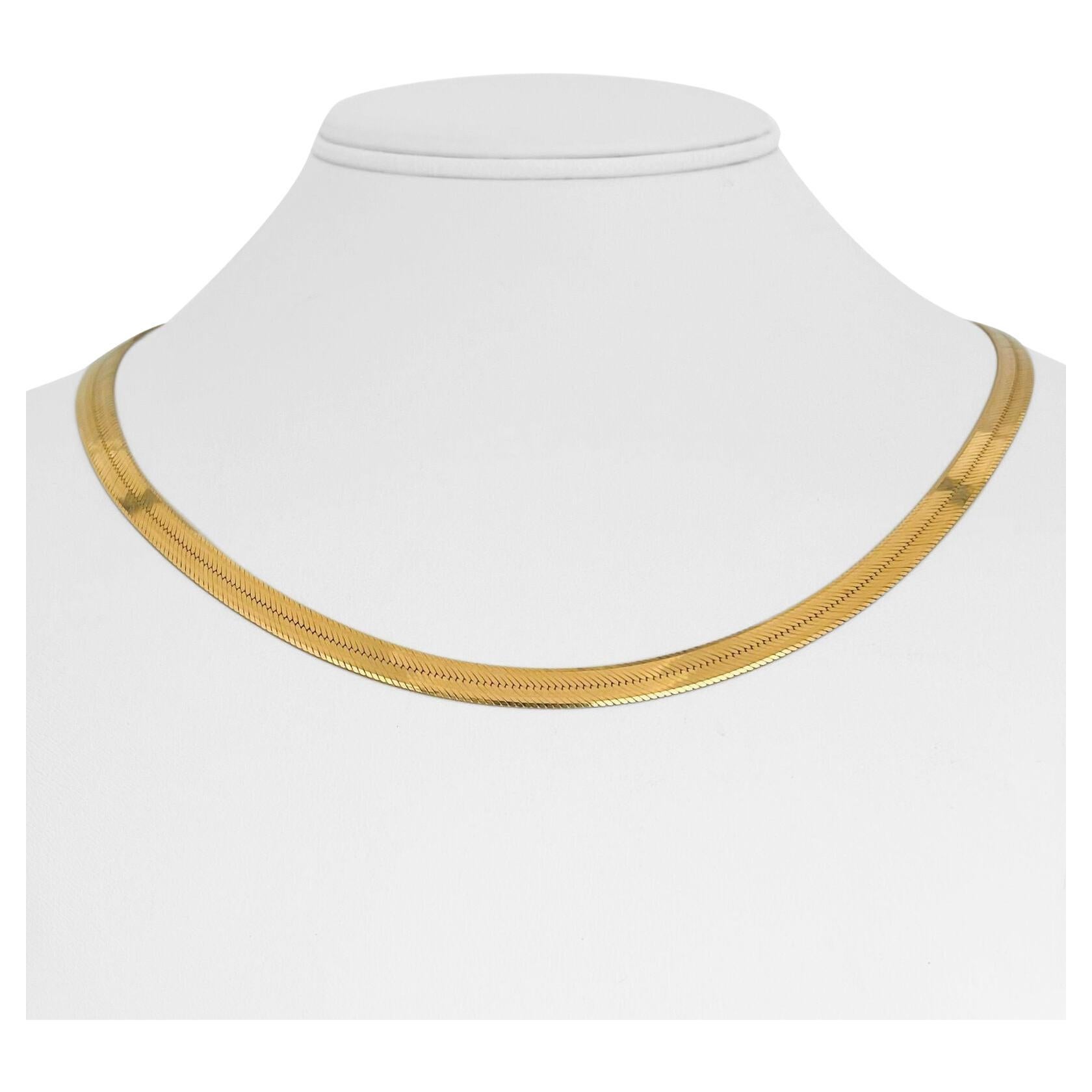 14 Karat Yellow Gold Solid Thin Herringbone Link Chain Necklace Italy