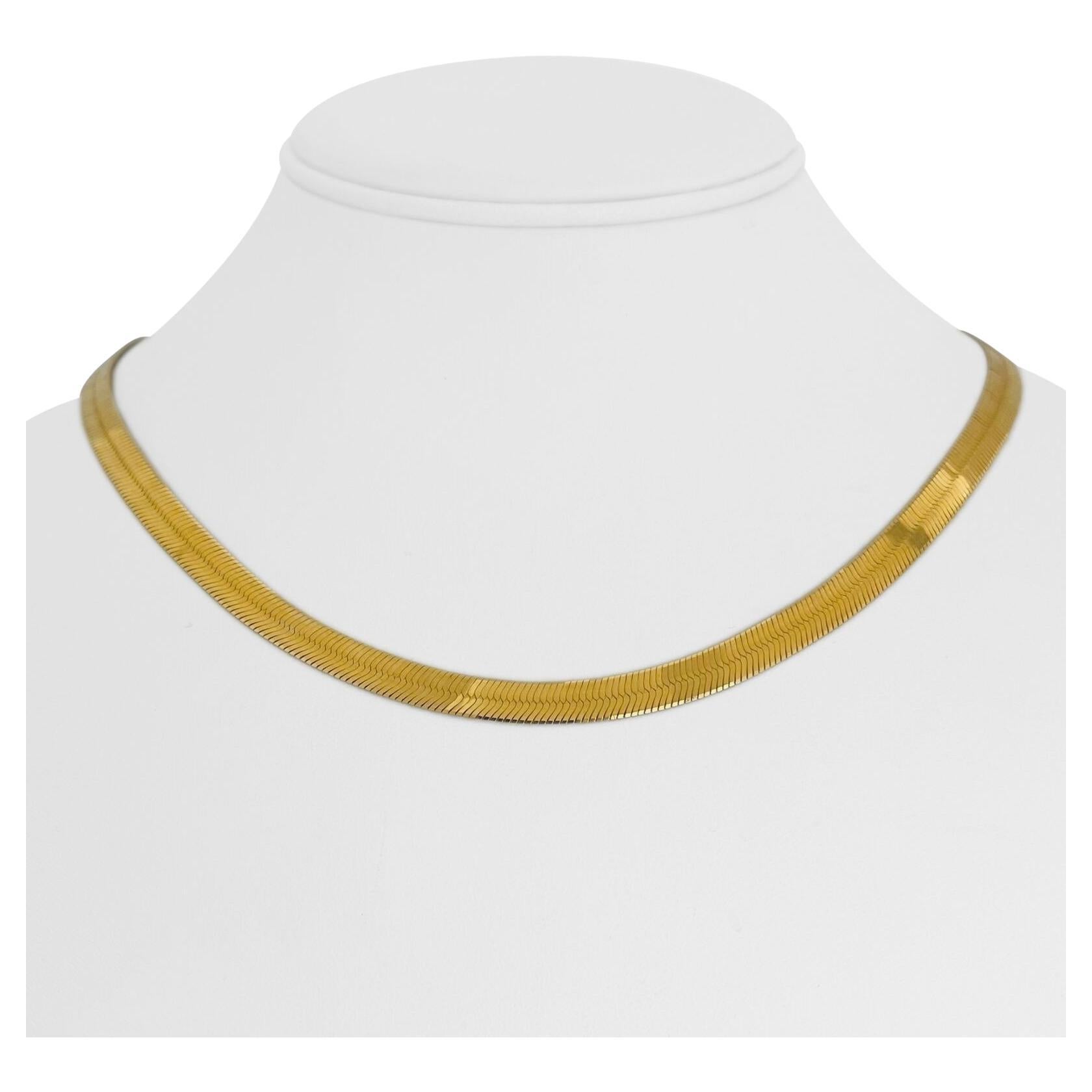 14 Karat Yellow Gold Solid Flat Herringbone Link Chain Necklace Italy