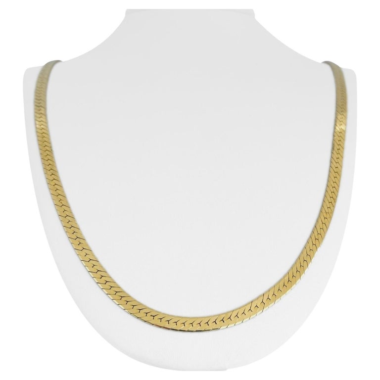 14 Karat Yellow Gold Solid Heavy Long Herringbone Link Necklace, Italy