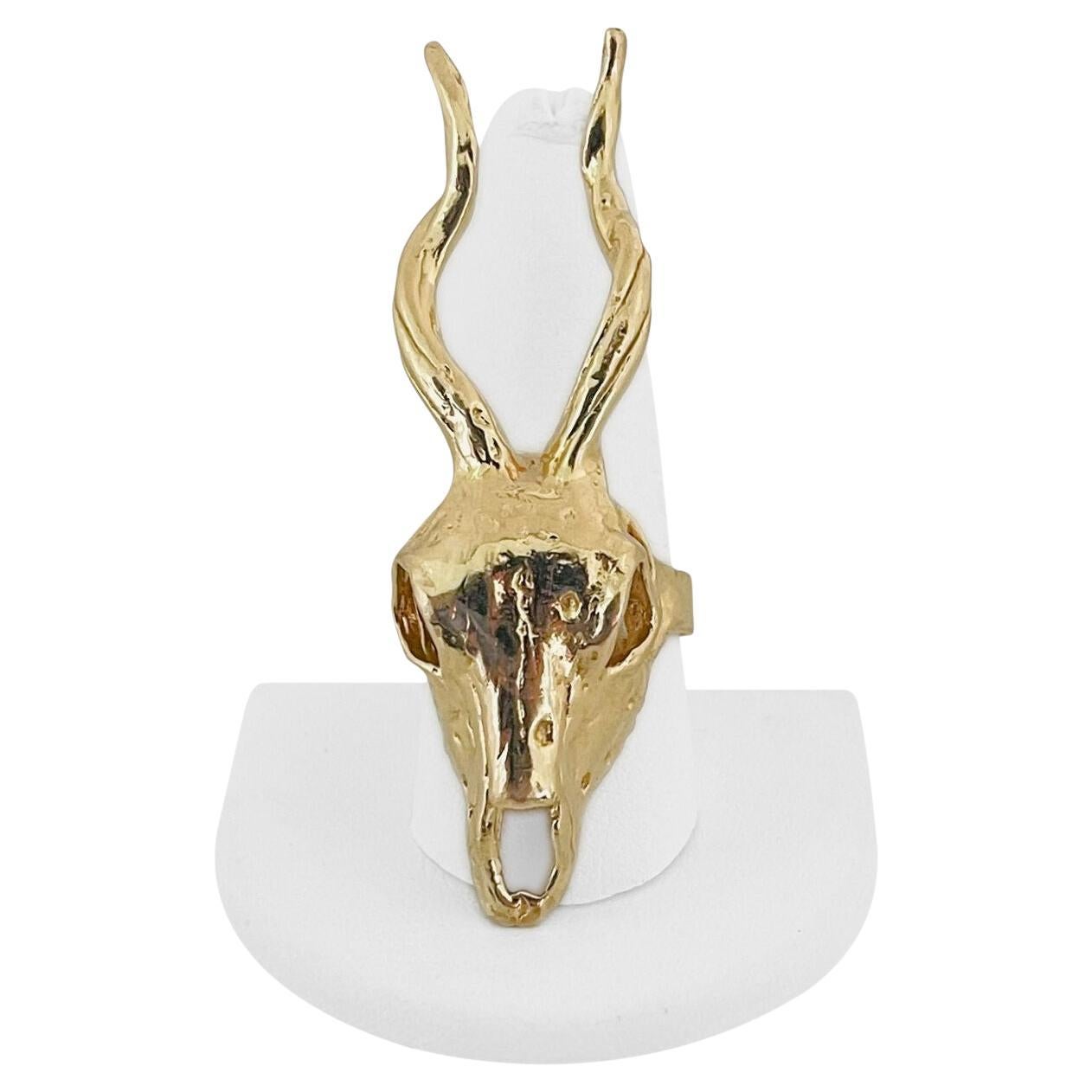 14 Karat Yellow Gold Solid Heavy Oversize Deer Antelope Horned Skull Ring  For Sale