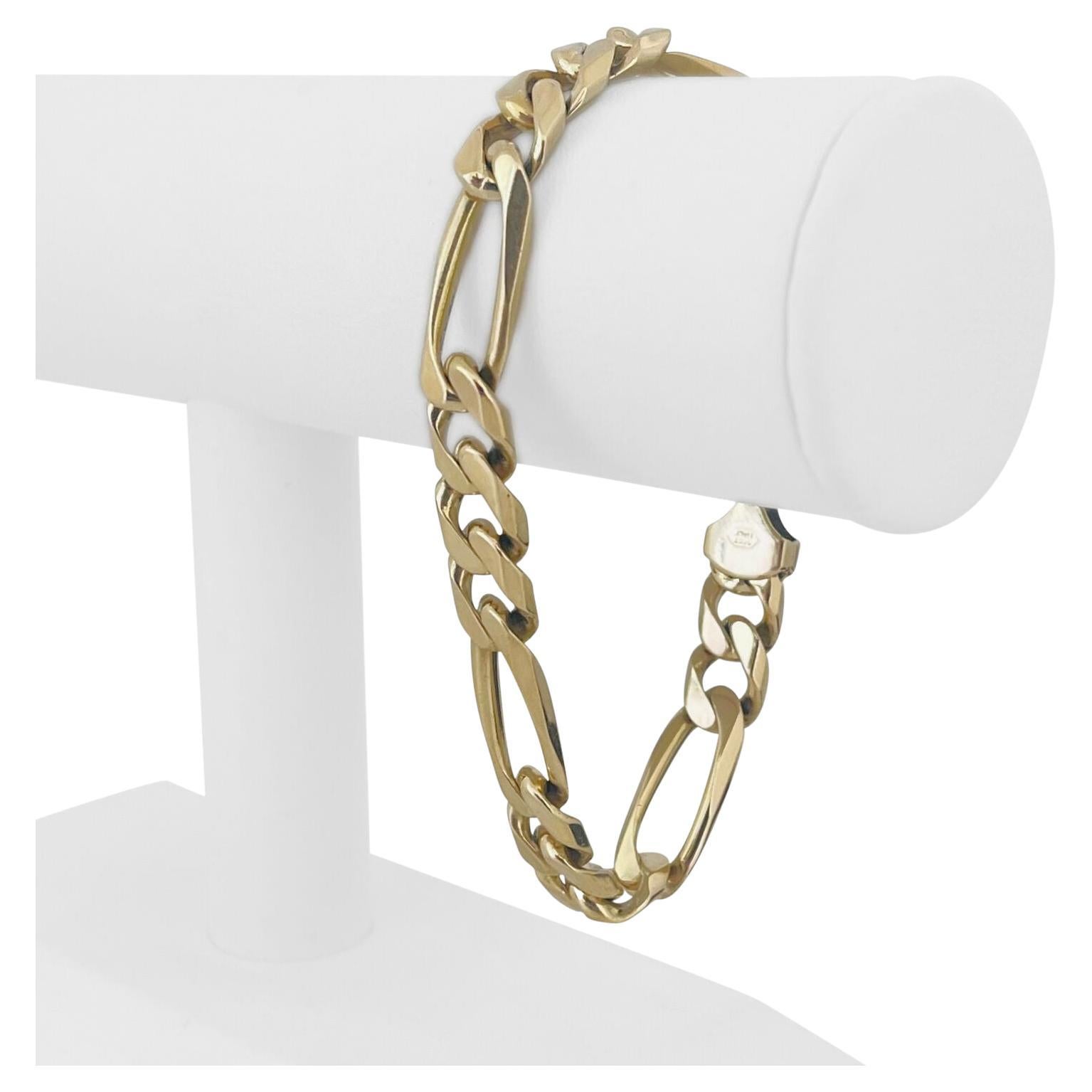 14 Karat Yellow Gold Men's Diamond Cut Figaro Link Bracelet Italy For Sale at 1stDibs