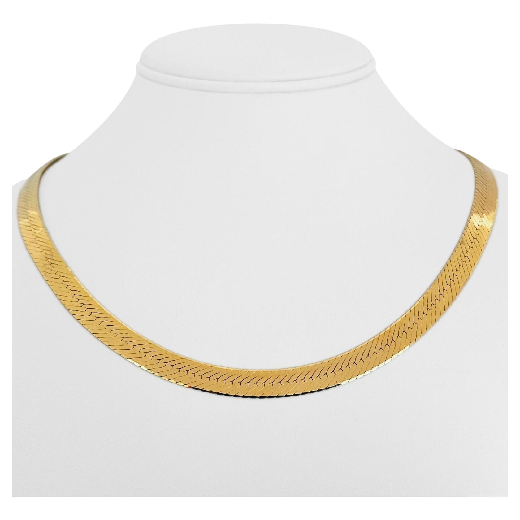 14 Karat Yellow Gold Solid Thin Herringbone Link Chain Necklace Italy at 1stDibs