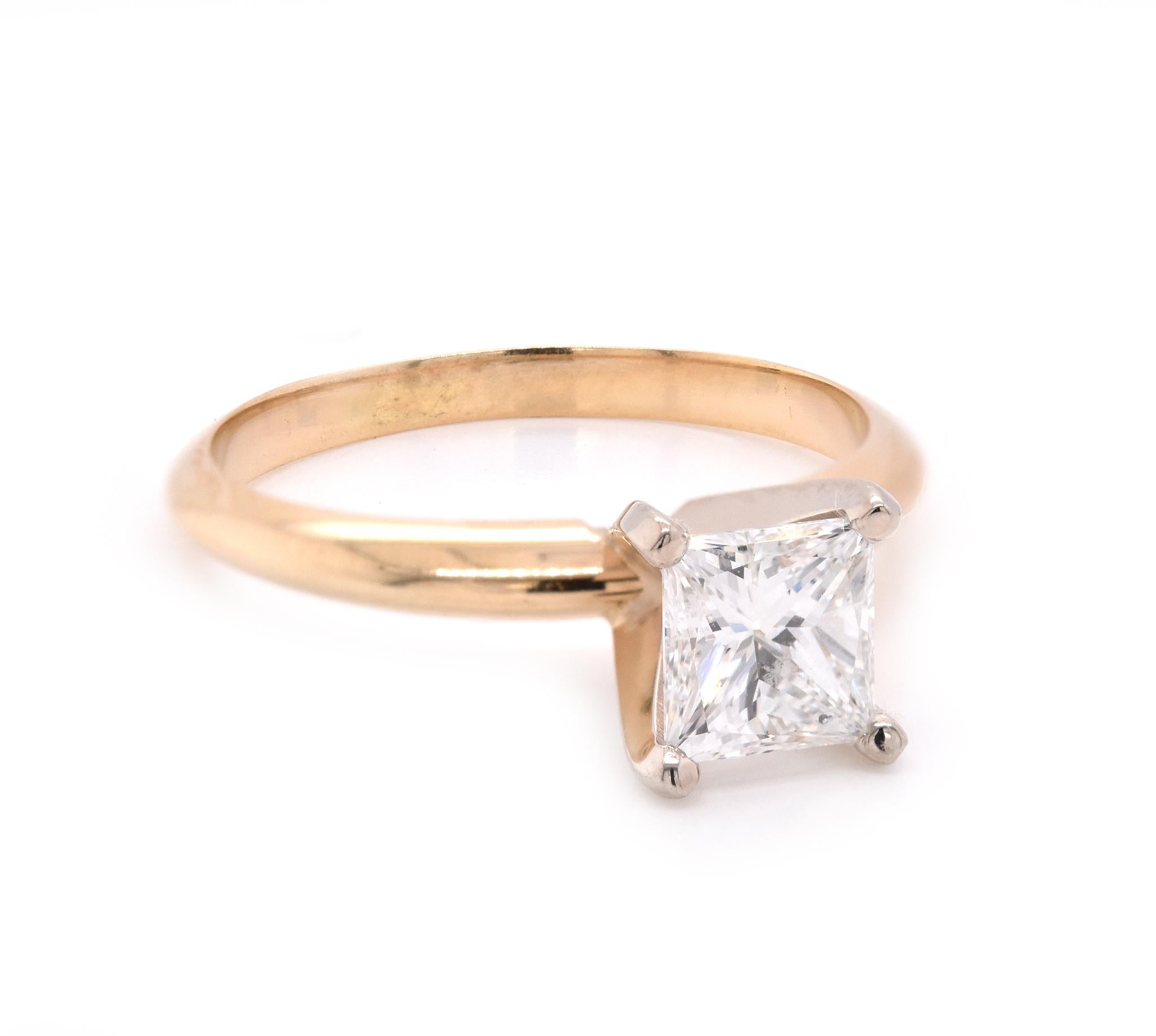 Material: 14k yellow gold
Center Diamond: 1 princess cut = 1.00ct
Color: I
Clarity: VS2
Ring Size: 5.75 (please allow up to 2 additional business days for sizing requests)
Dimensions: ring shank measures 2mm
Weight: 2.51 grams
