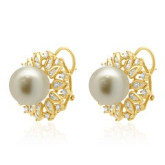 14 Karat Yellow Gold South Sea Golden Pearl and Diamond Ballerina Stud Earrings