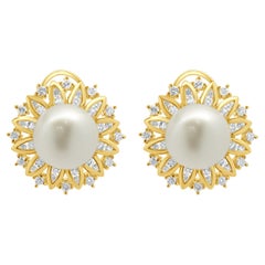 14 Karat Yellow Gold South Sea Golden Pearl and Diamond Ballerina Stud Earrings
