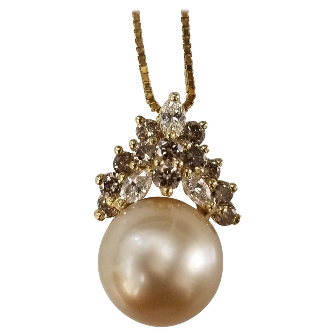 14 Karat Yellow Gold South Sea Golden Pearl with Brown and White Diamonds For Sale