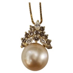 14 Karat Yellow Gold South Sea Golden Pearl with Brown and White Diamonds