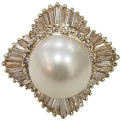 14 Karat Yellow Gold South Sea Pearl with Diamonds Baguette Ballerina