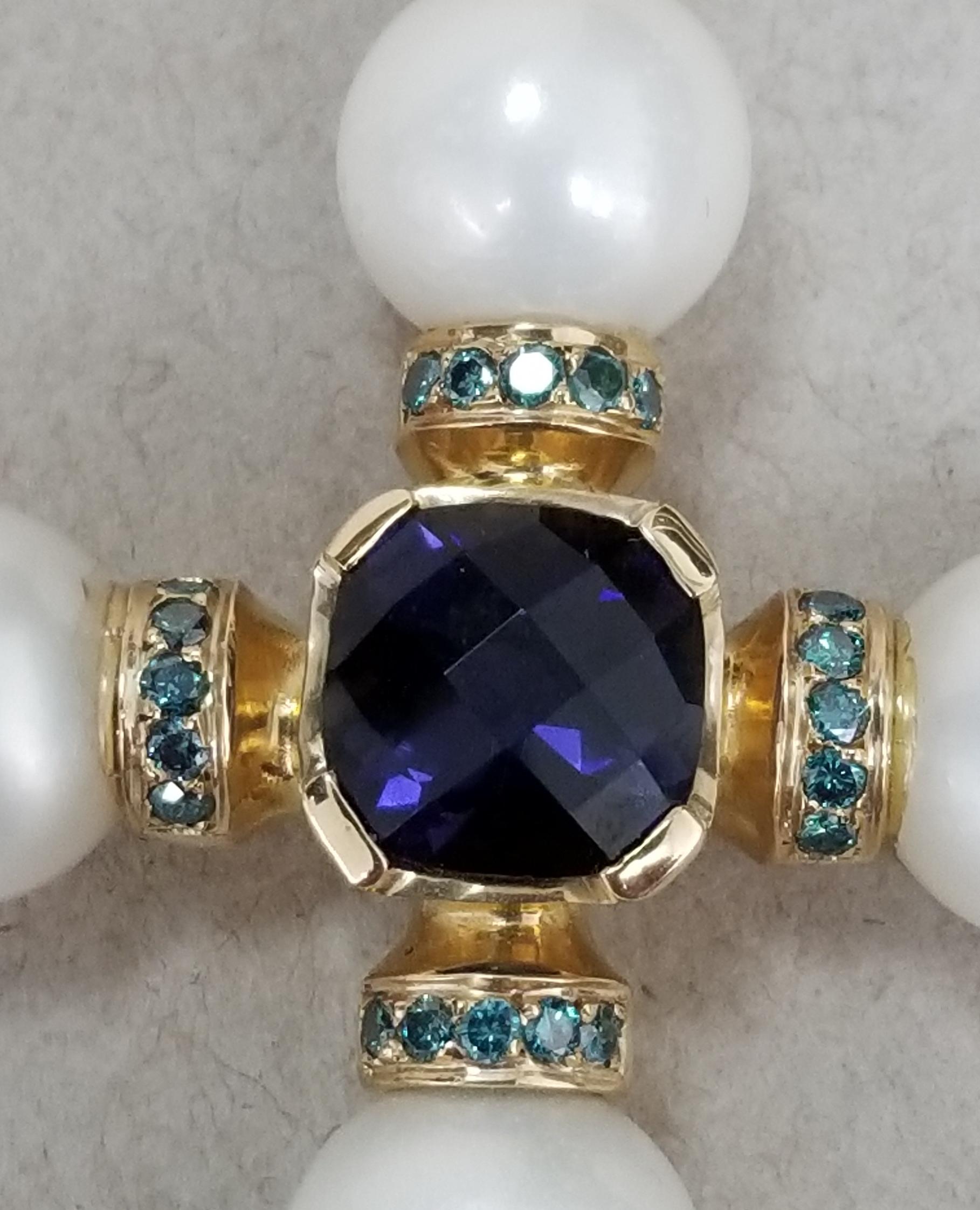 14 Karat Yellow Gold South Sea Pearls and Iolite Pendant In New Condition In Los Angeles, CA