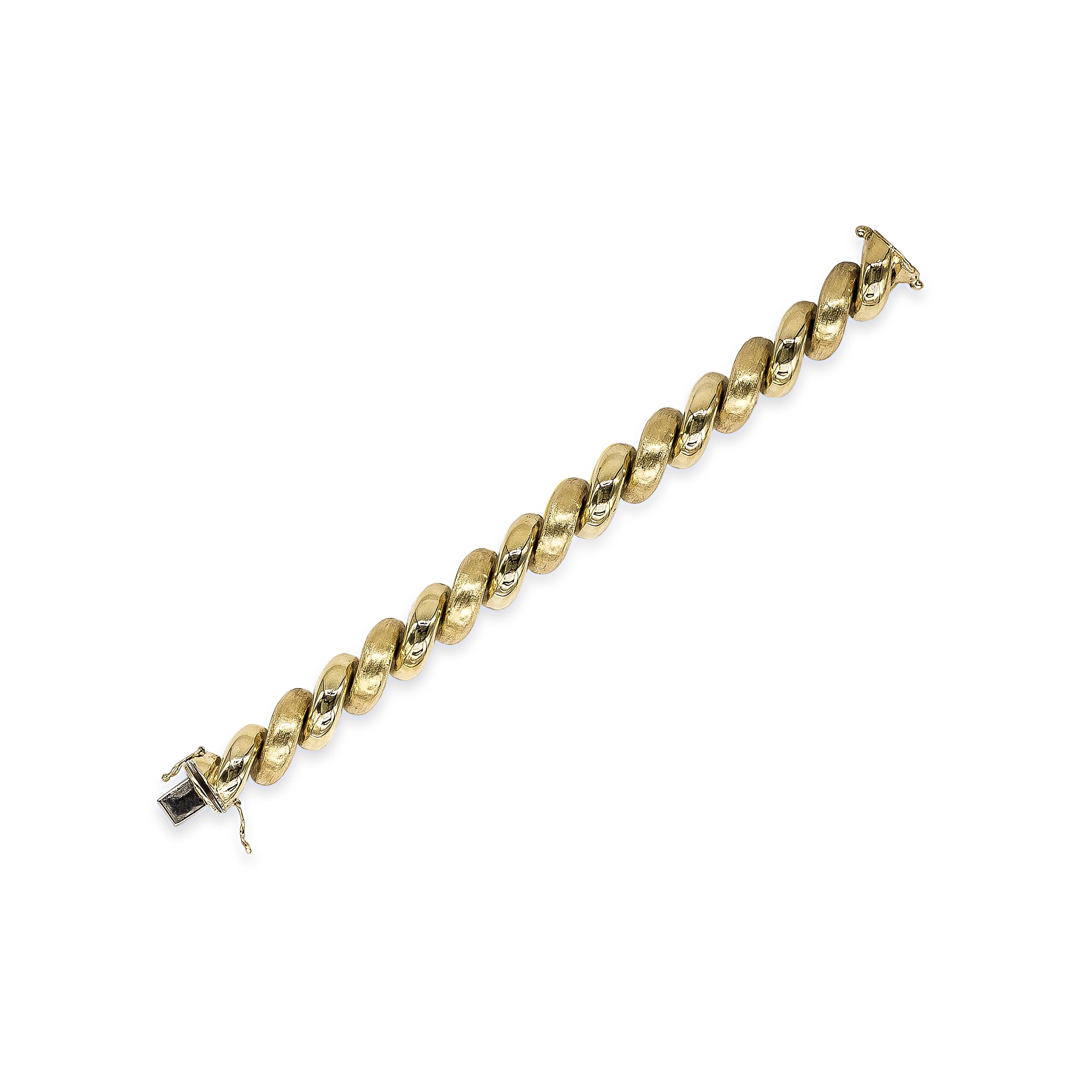 14 karat yellow gold bracelet showcasing a spiral design. Each rotation features an alternating brushed, and shine finish. 7.25 inches in length.

Style available in different price ranges. Prices are based on your selection of the 4C’s (Carat,