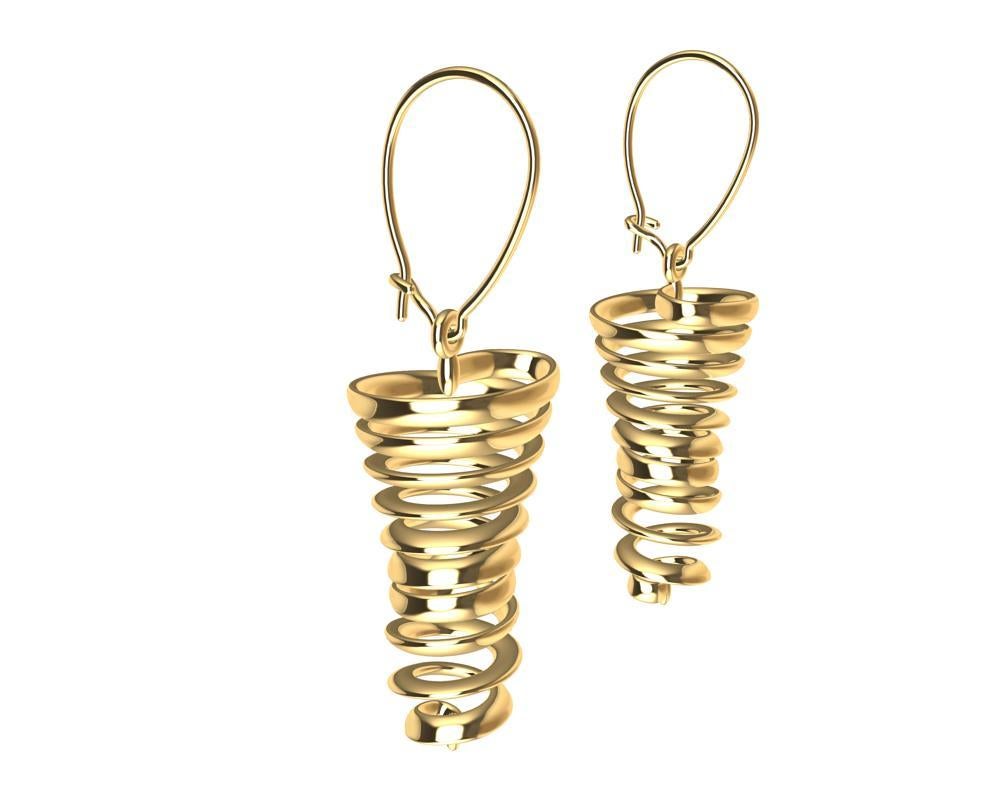 14 Karat Yellow Gold Spiral Dangle Earrings, Tiffany Designer, Thomas Kurilla is sculpting for the ears. It may seem like life is spinning out of control, but no not really. Let these spirals appear to spin on your ears.  They make no noise, they