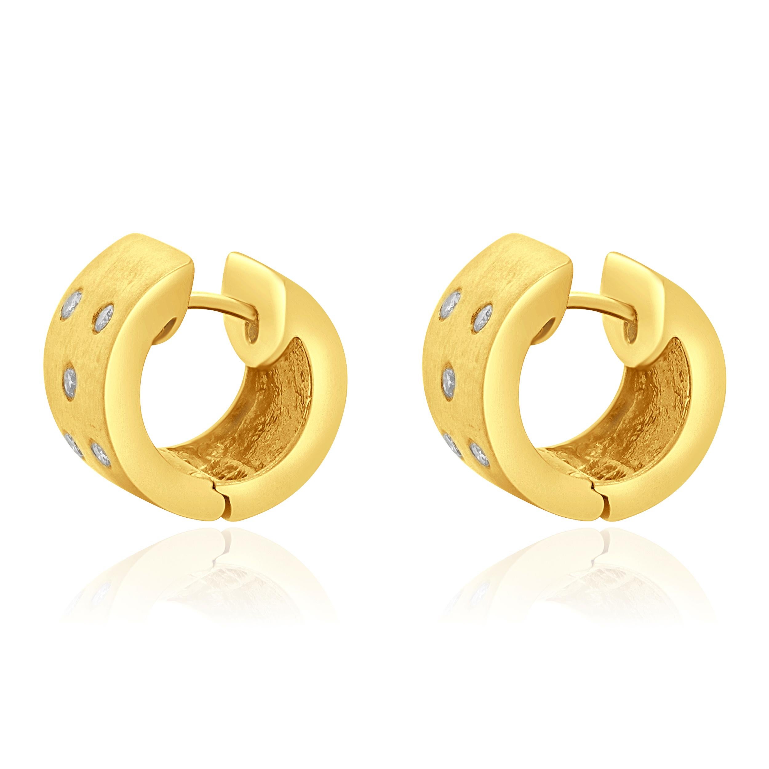 Designer: custom design
Material: 14K yellow gold
Diamonds: 10 round brilliant cut =0.15cttw
Color: H 
Clarity: SI1-2
Dimensions: earrings measure 8.60mm 
Weight: 8.63 grams
